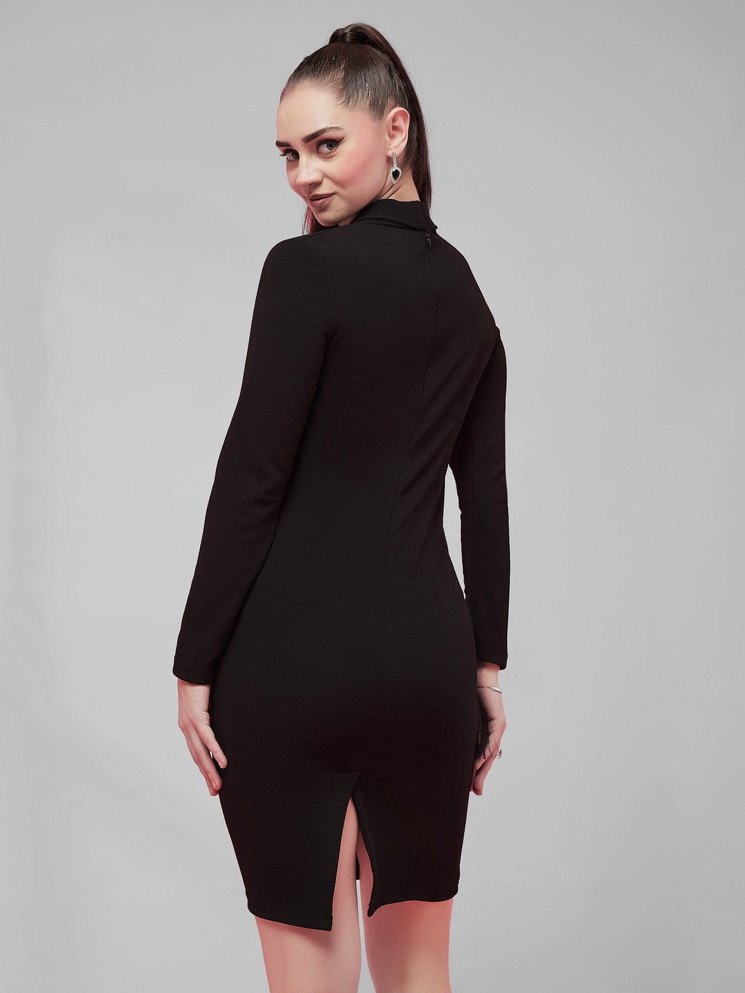 Black Solid Collared Neck Full Sleeve Polyester Bodycon Knee Length Dress for Women