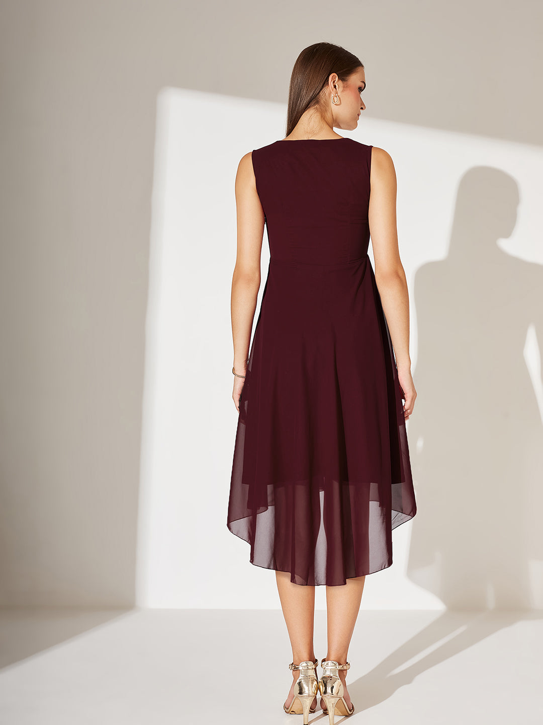 Women's Wine Red V-Neck Sleeveless Solid High-Low Midi Skater Dress