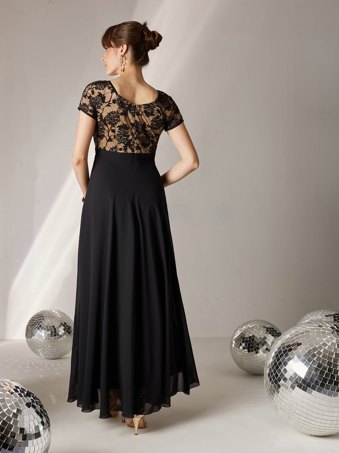 Black Square Neck Raglan Short Sleeve Self Design Lace Overlaid Georgette Maxi Dress for Women
