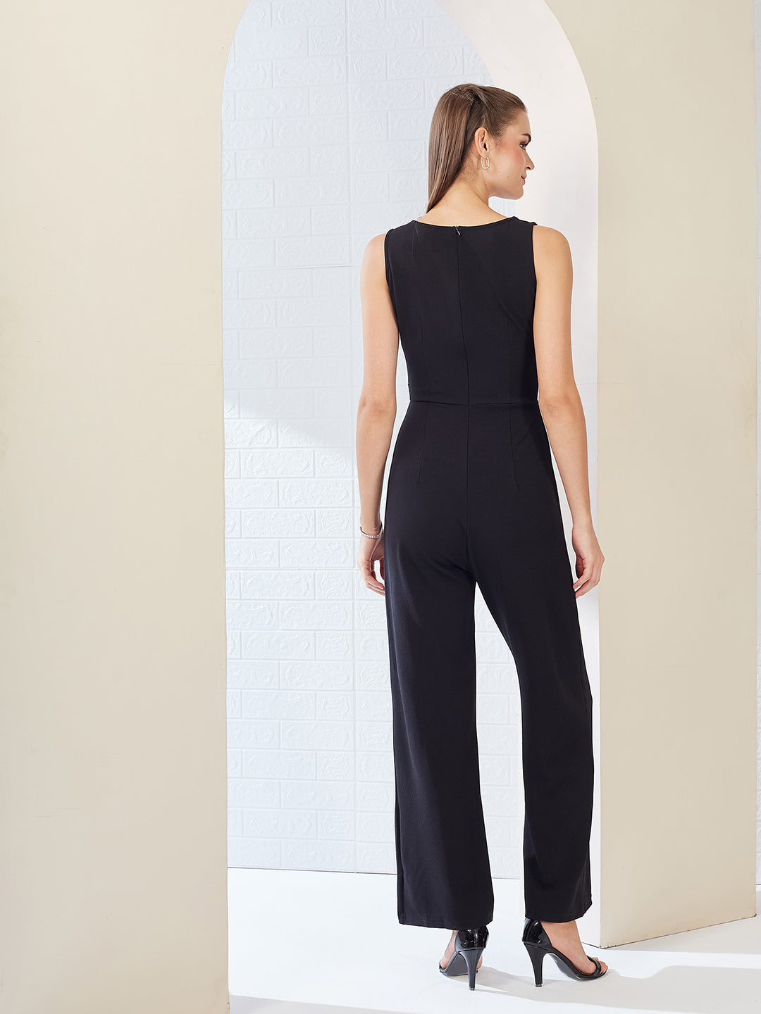 Off-White & Black Asymmetric Sleeveless Polyknitted Solid Color-Block/Paneled Regular Length Jumpsuit for Women — Miss Chase
