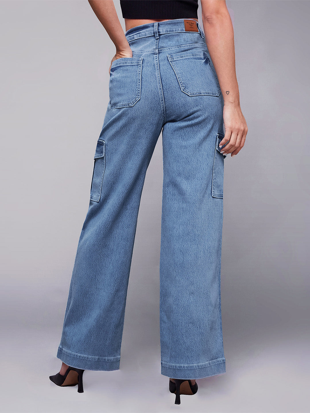 Light Blue Wide-Leg High-Rise Stretchable Flared Cargo Style Denim Jeans for Women