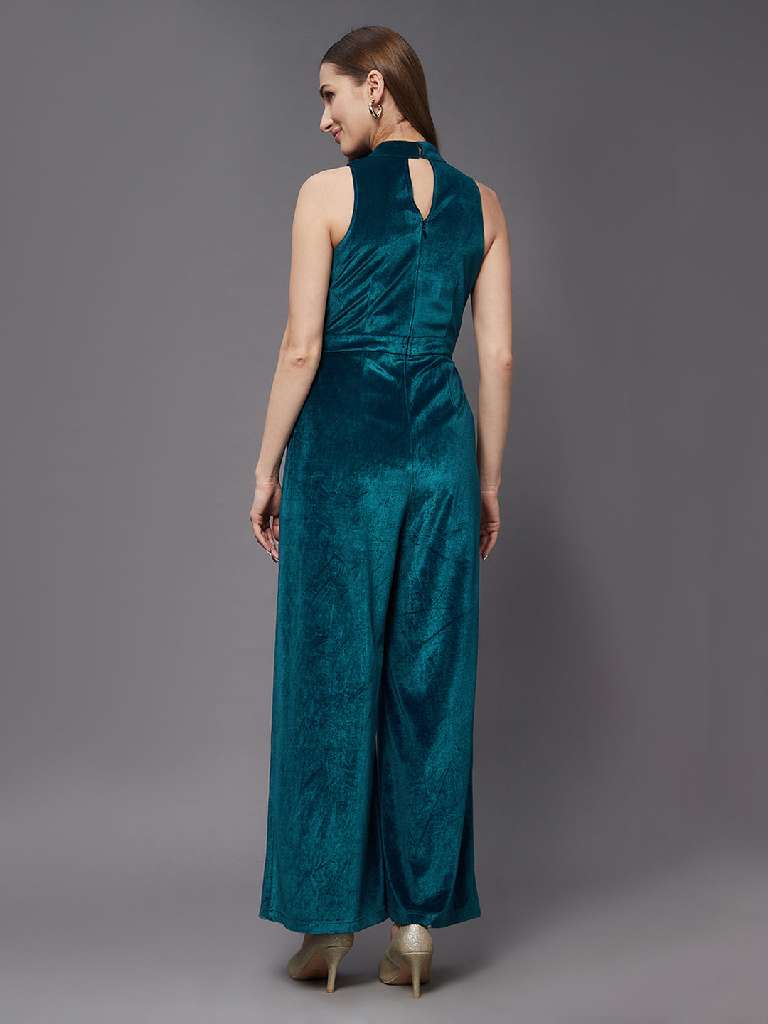 Crease Ease Teal Choker Neck Sleeveless Solid Pleated Regular Jumpsuit for Women — Miss Chase