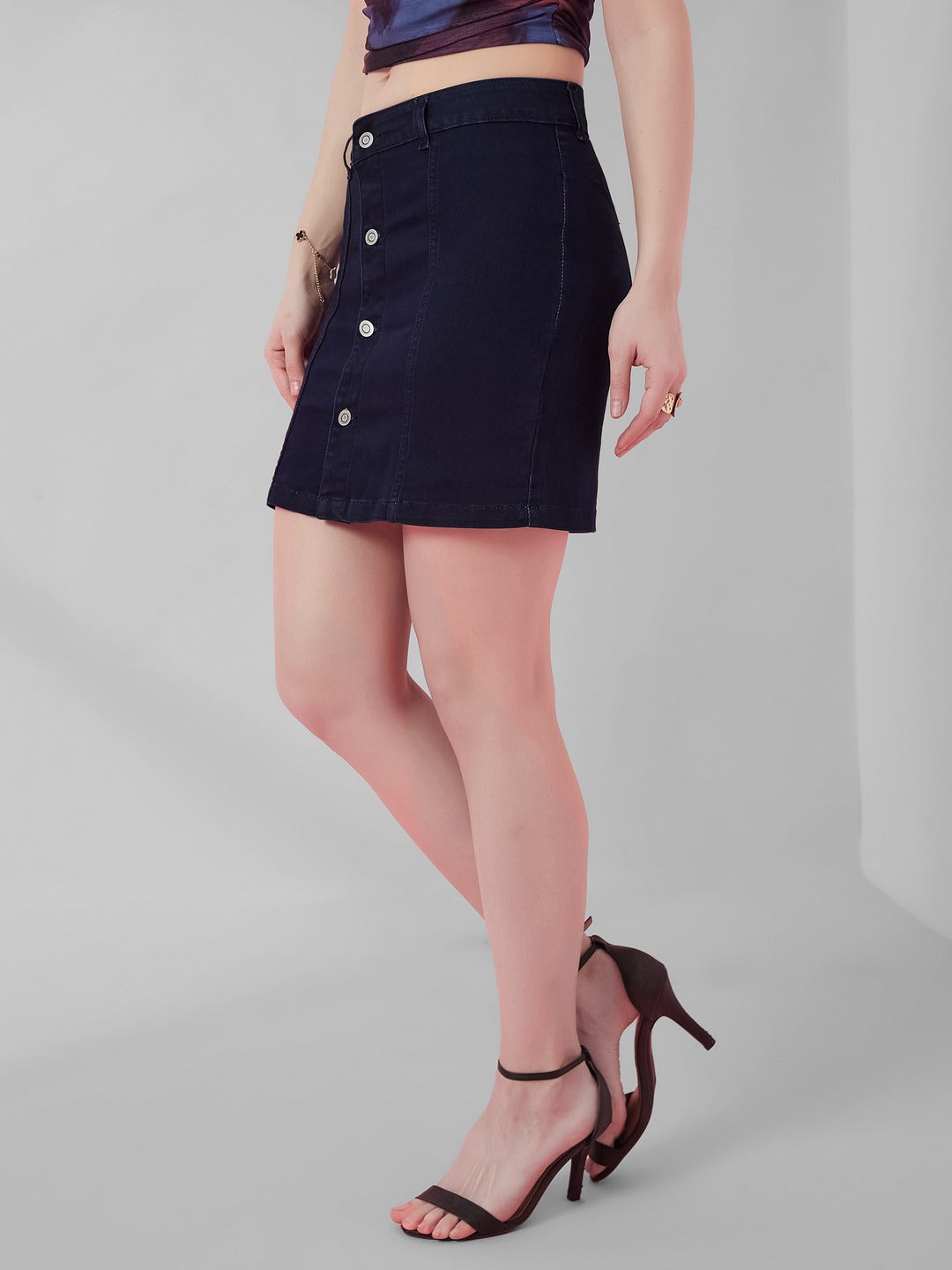Navy Blue Stretchable Solid A-line Mini Denim Skirt for Women