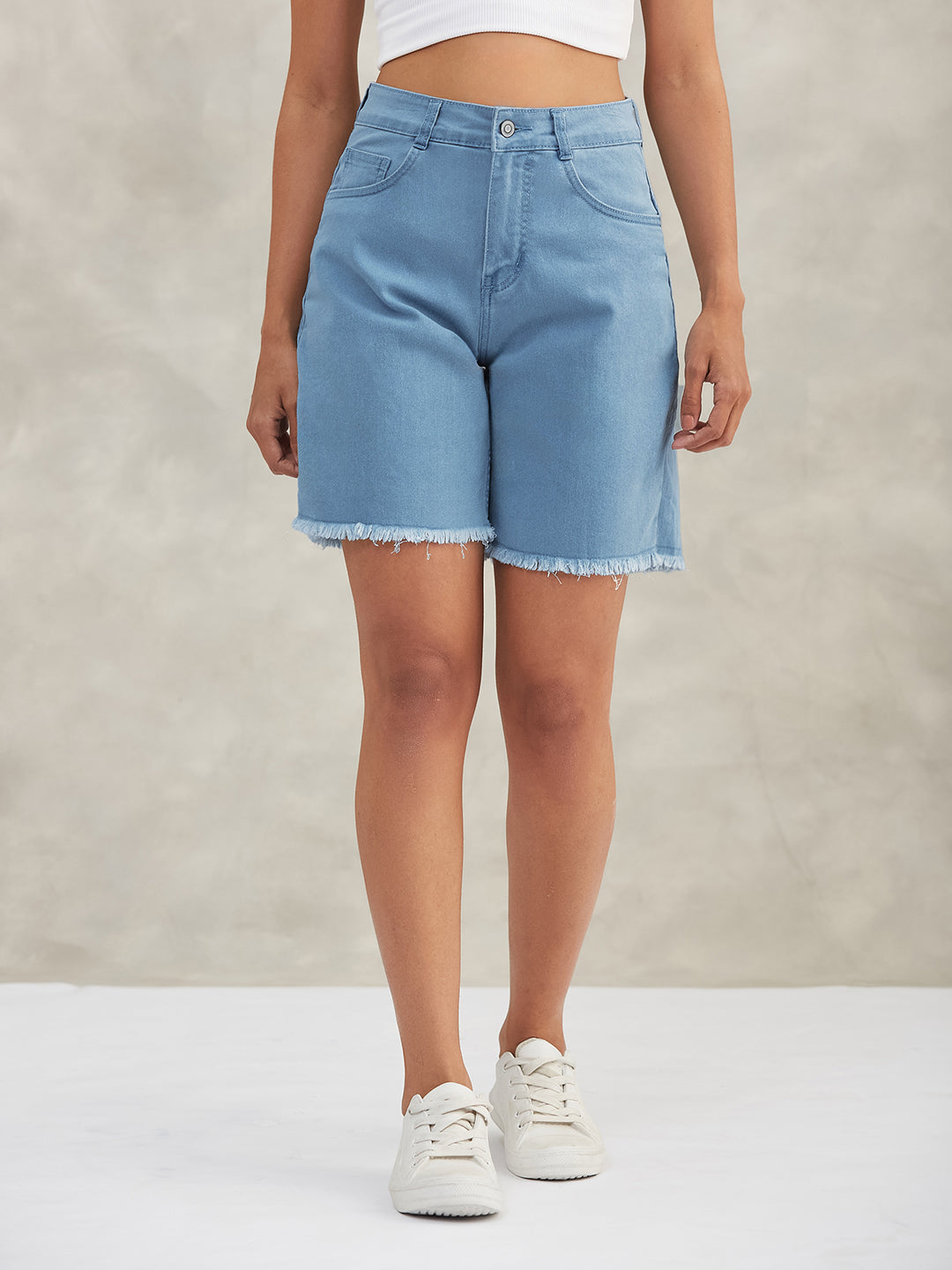 Light Blue High-Rise Above-Knee Stretchable Denim Shorts for Women