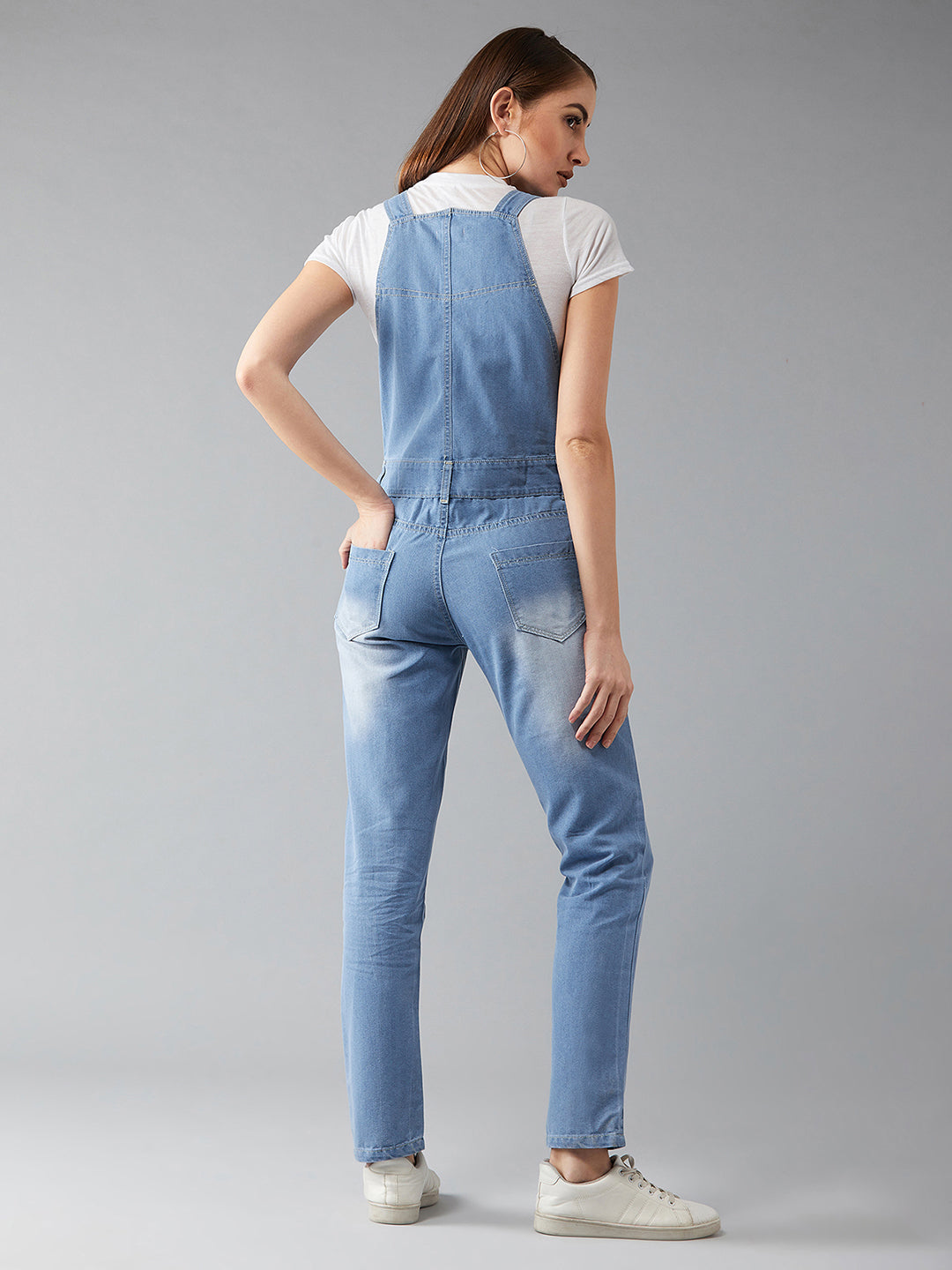 Women's Light Blue Regular Fit Mid Rise Regular Length Ripped Denim Dungaree