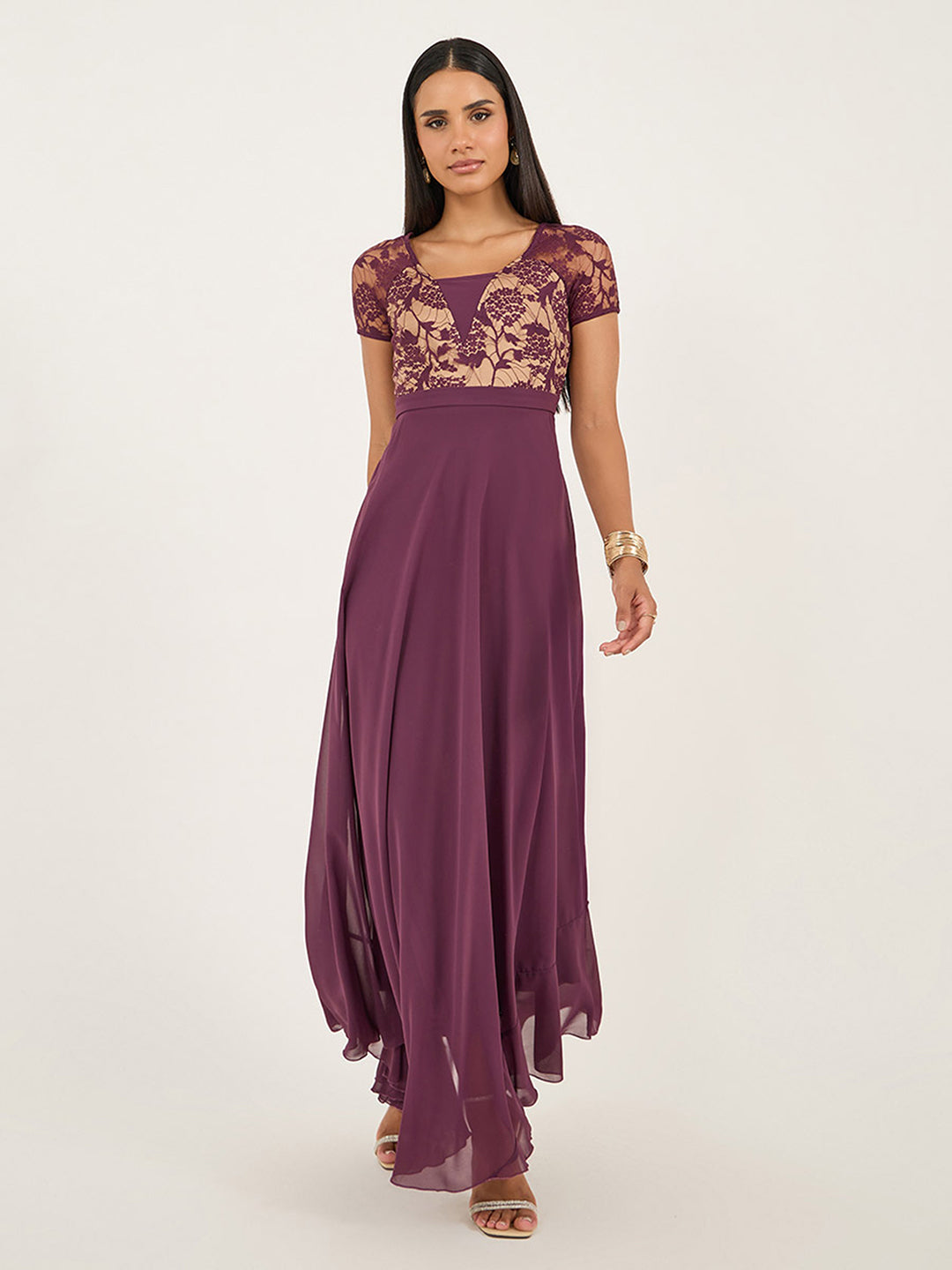 Women's Mauve Square-Neck Raglan-Sleeve Self-Designed Flared Georgette Maxi Dress