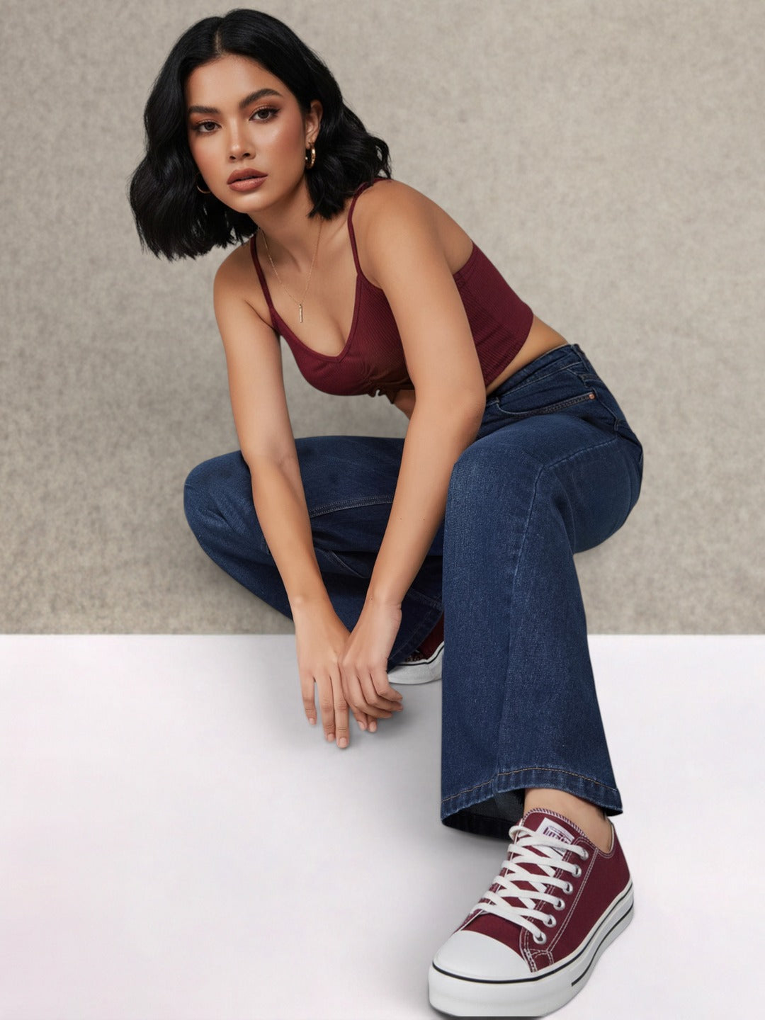 Navy Blue Wide-Leg High-Rise Denim Jeans for Women