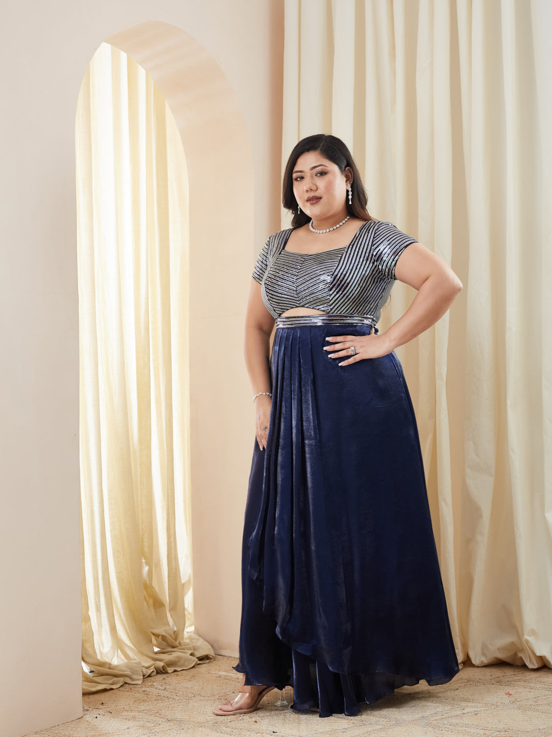 Navy Blue Sweetheart Embellished Gown in Premium Pleated Satin for Women