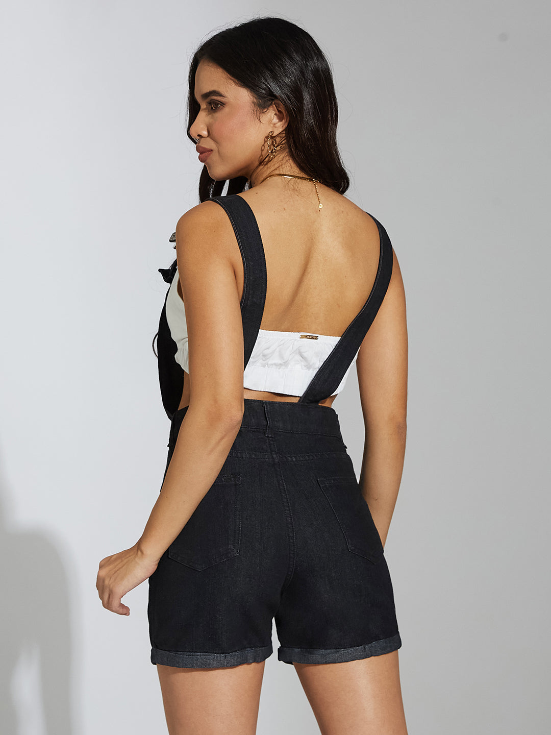 Women's Black Non-Stretchable Solid Mid Rise Denim Dungarees