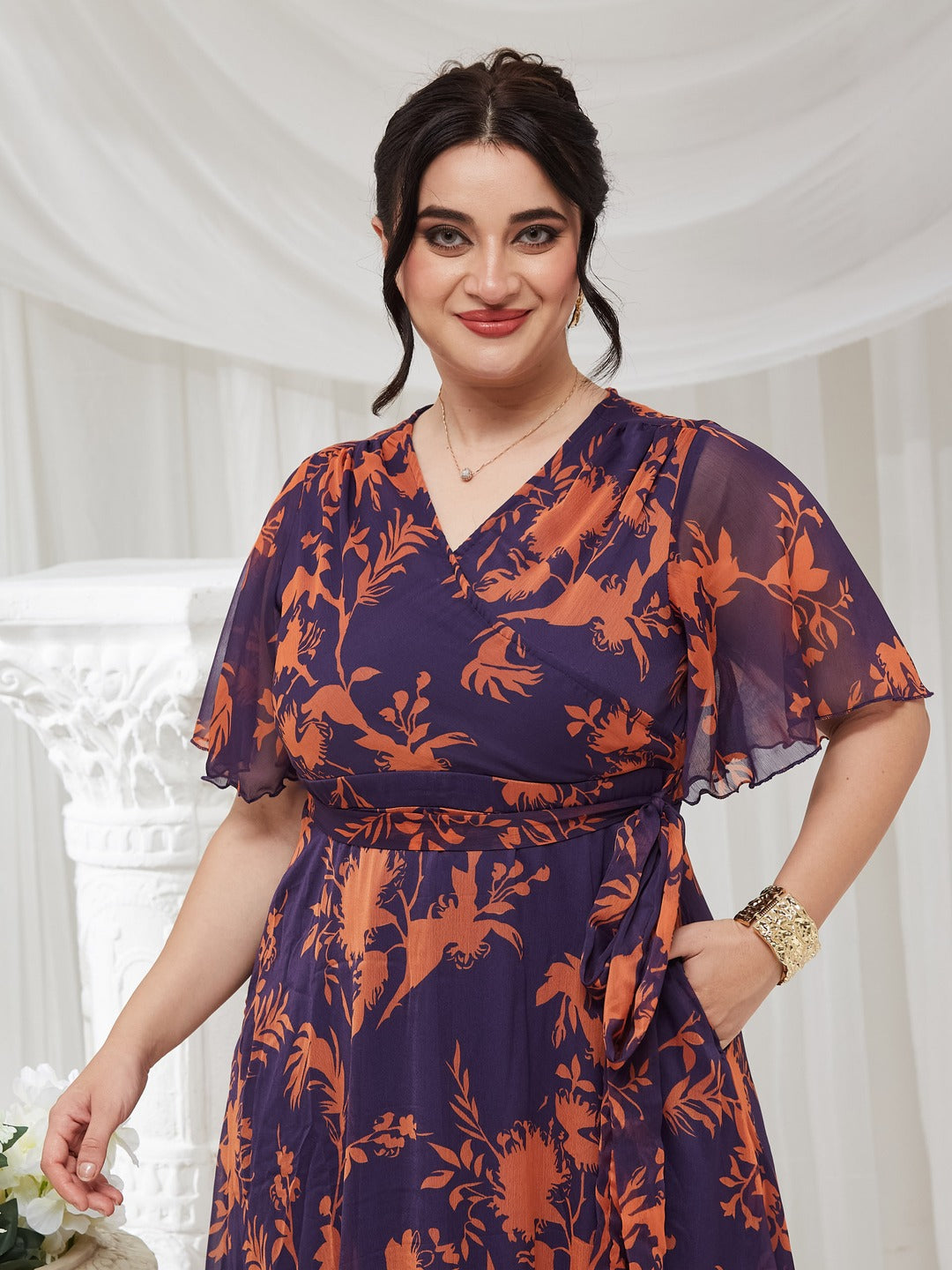 Women's Orange and Purple Floral Wrap Chiffon Maxi Dress with Flutter Sleeves and Frilled Hem