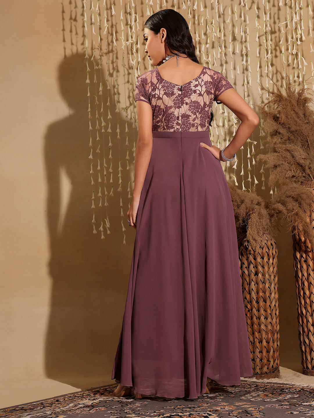 Women's Mauve Square-Neck Raglan-Sleeve Self-Designed Flared Georgette Maxi Dress