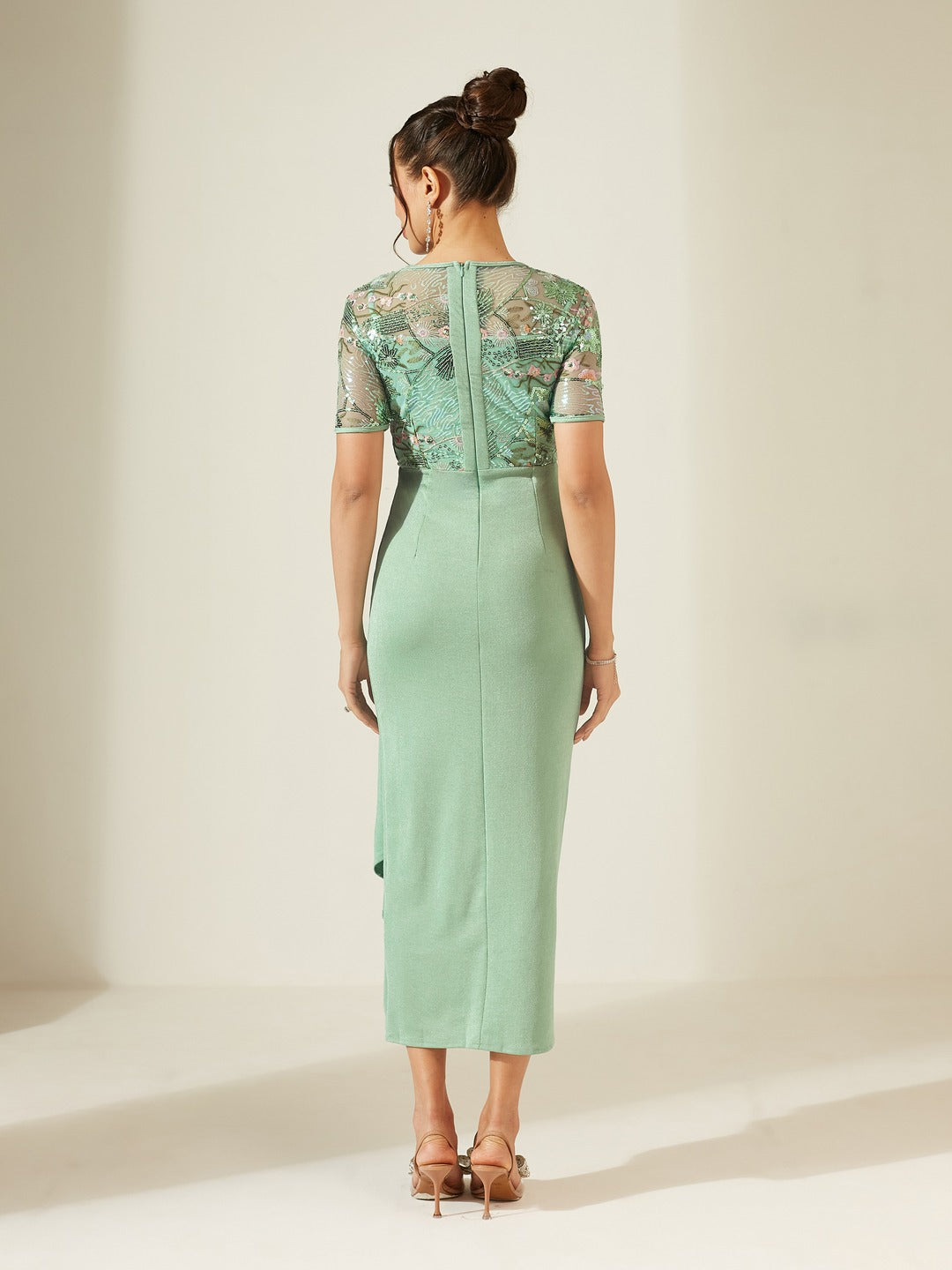 Mint Round-Neck Half-Sleeve Embroidered Draped Polyester Midi Dress for Women