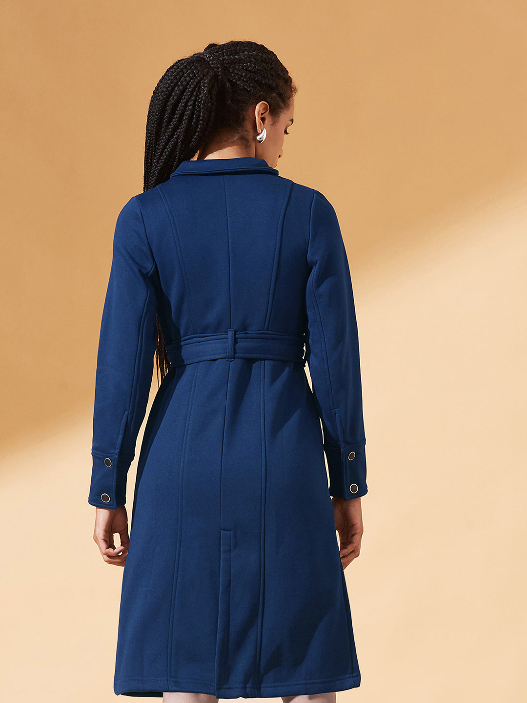 Navy-Blue Collared Full Sleeve Solid Tie-up Longline Jacket for Women