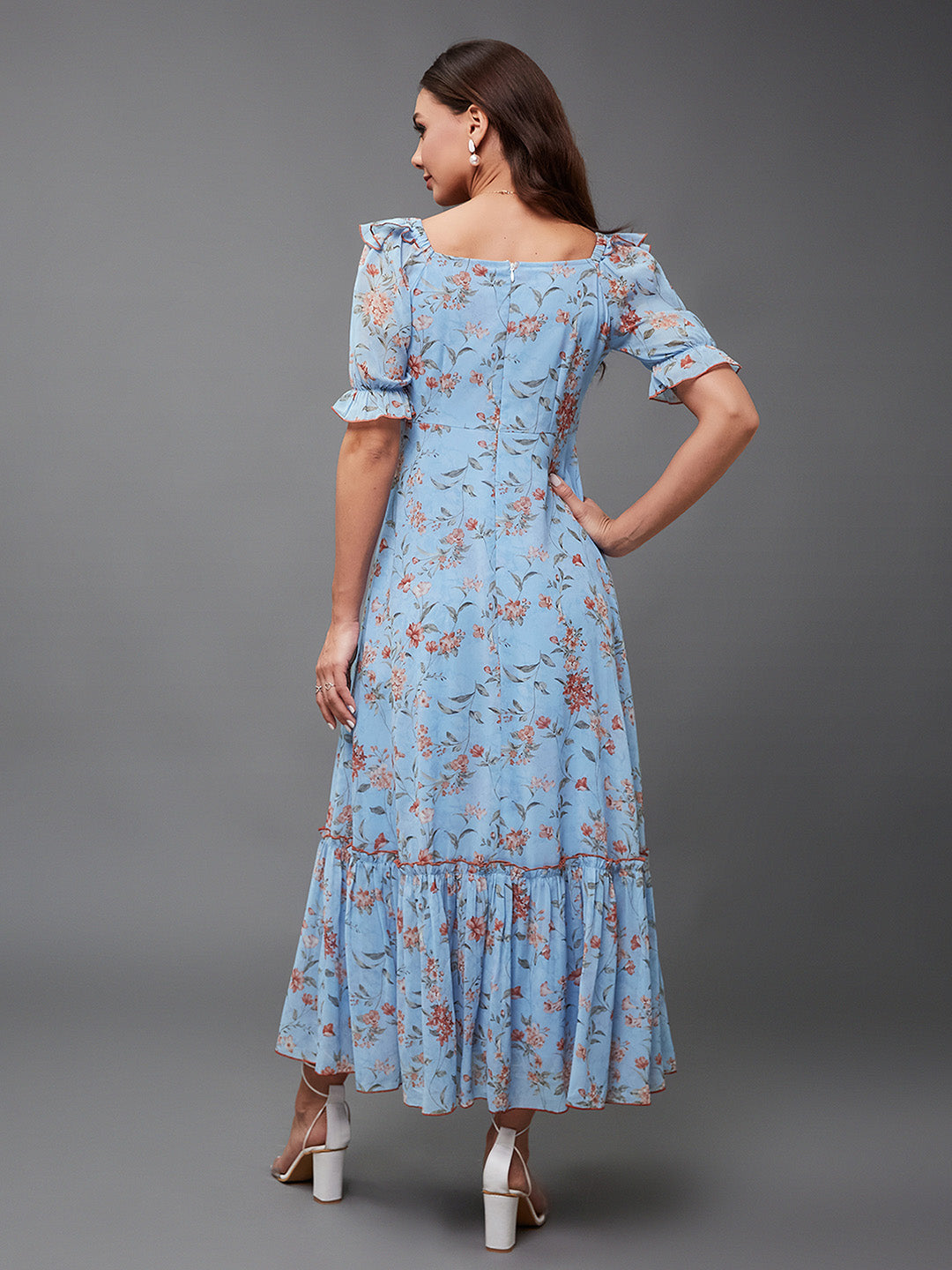 Women's Multicolored-Base-Powder Blue V-Neck Puff Sleeve Floral Ruching Ankle-Length Dress