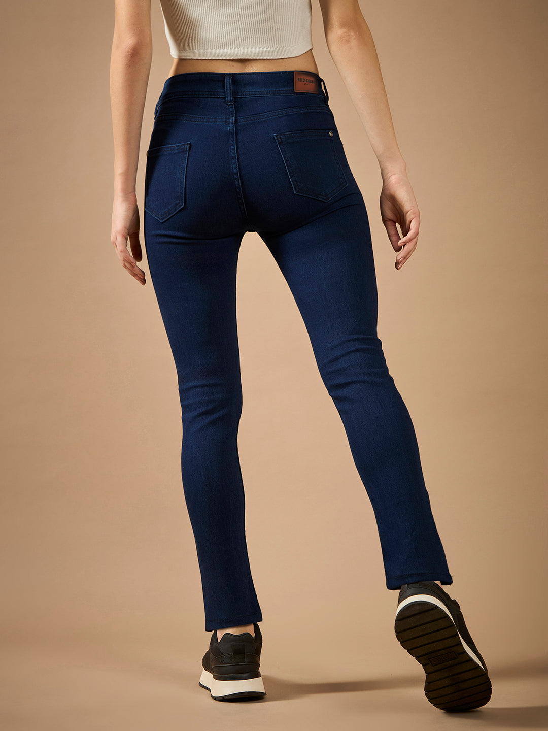 Women's Navy Blue Skinny Fit Mid Rise Cropped Length Zipper Detailing Denim Stretchable Jeans