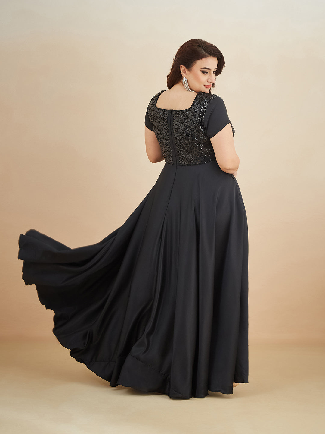 Black Square Neck Short Sleeve Embellished Polyester Fit & Flare Maxi Dress for Women — Miss Chase A+