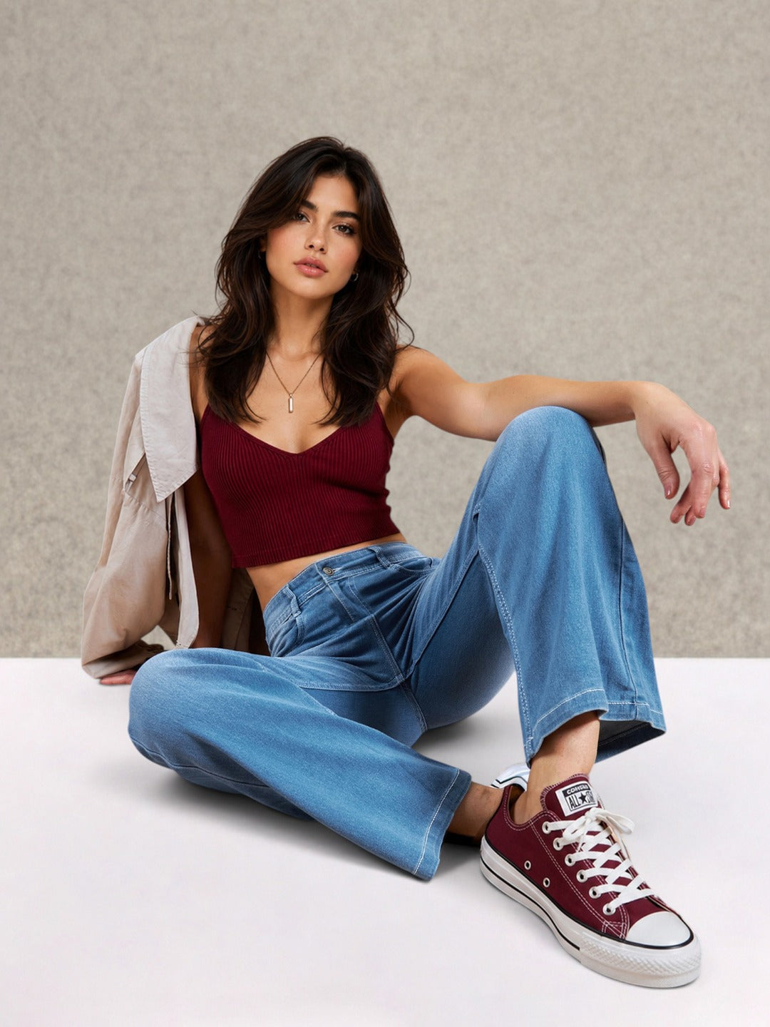 Light Blue Wide-Leg Mid Rise Blast Effect Light Weight Denim Jeans for Women