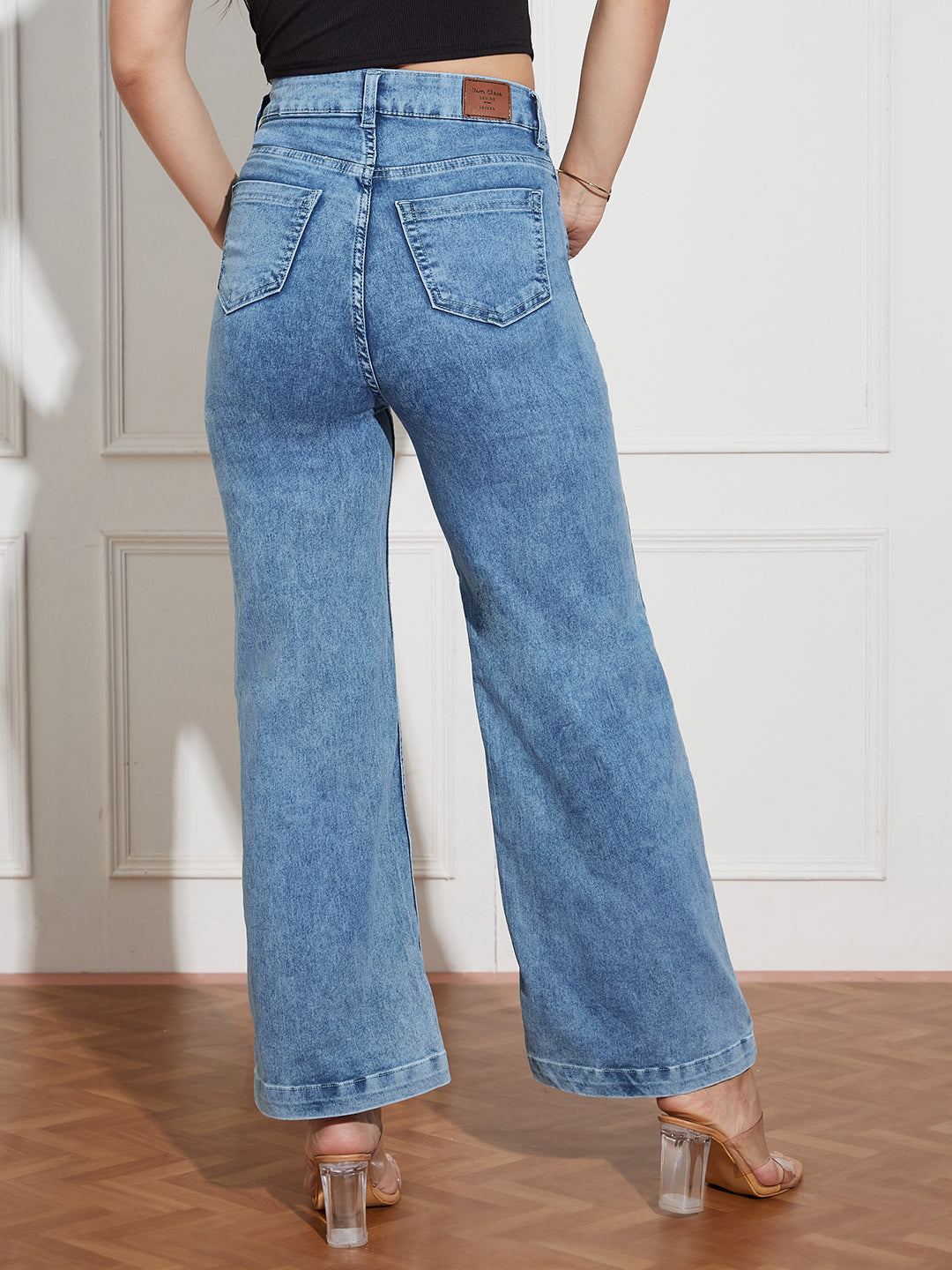 Women's Light Blue Wide-Leg High Rise Clean Look Regular Stretchable Denim Jeans