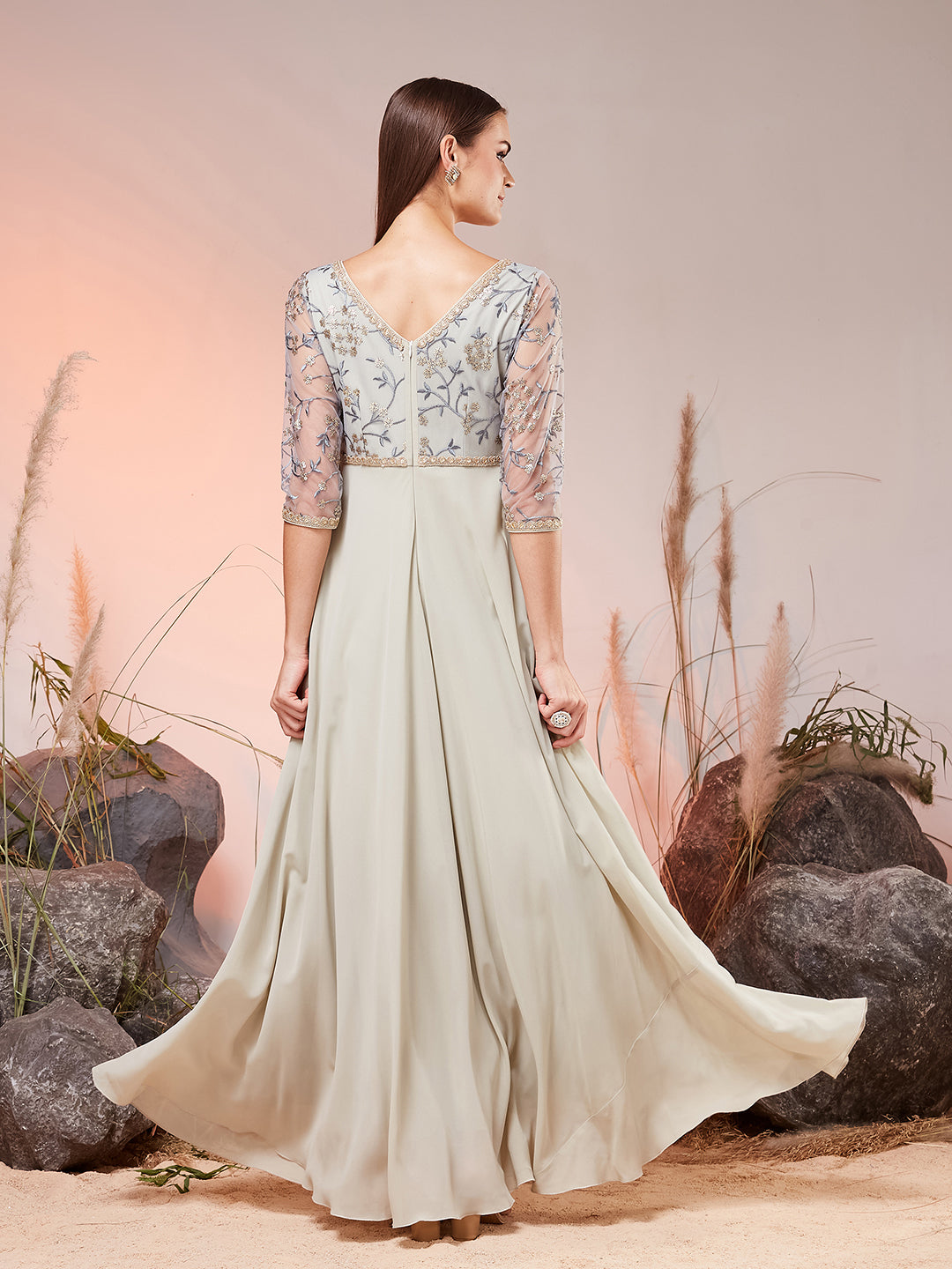 Dusty Green Boat-Neck Illusion Sleeve Embellished Fit & Flare Maxi Georgette Dress for Women