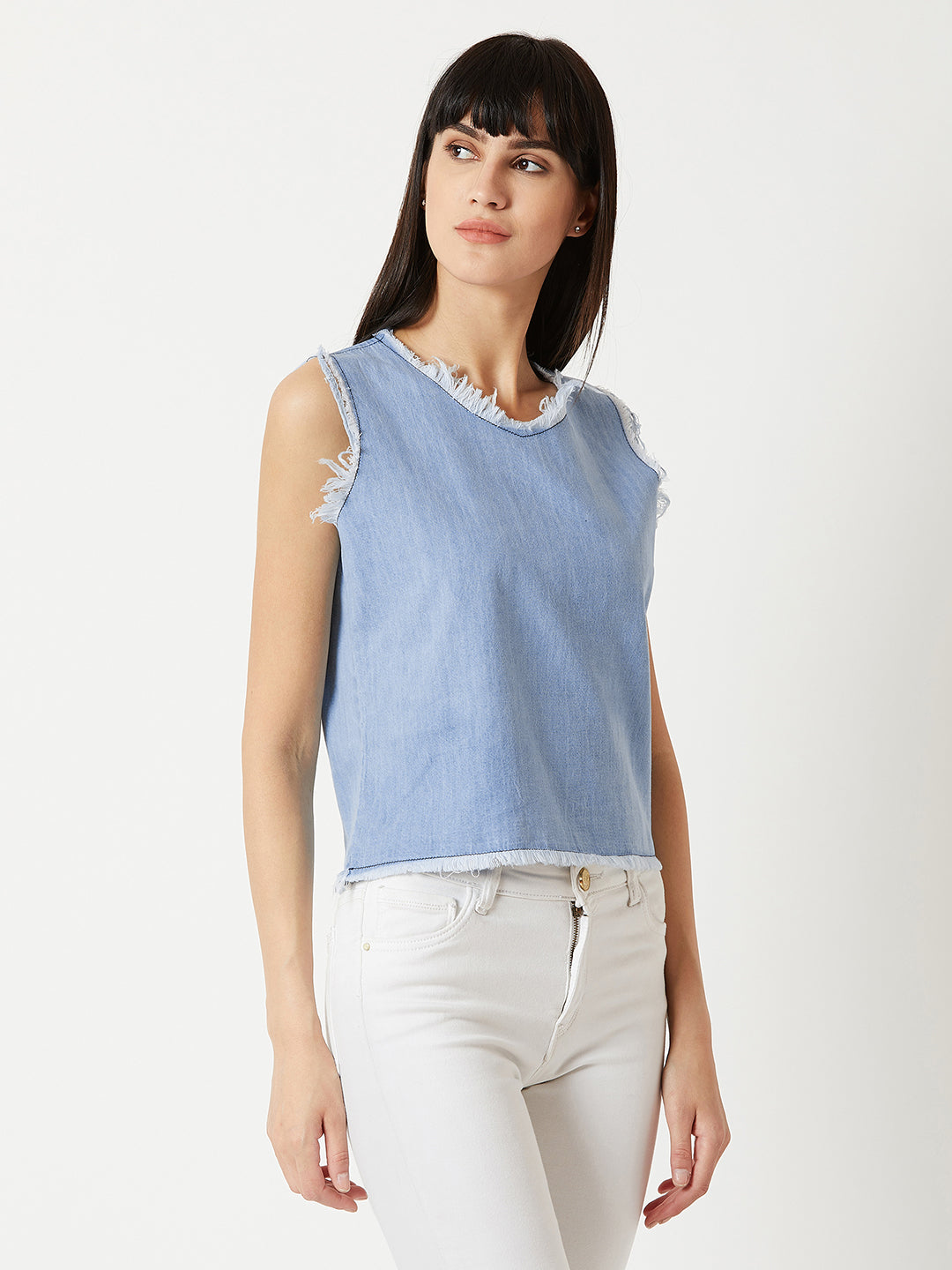 Women's Light Blue Round Neck Sleeveless Denim Solid Ice Wash Raw Edge Detailing Denim Crop Top