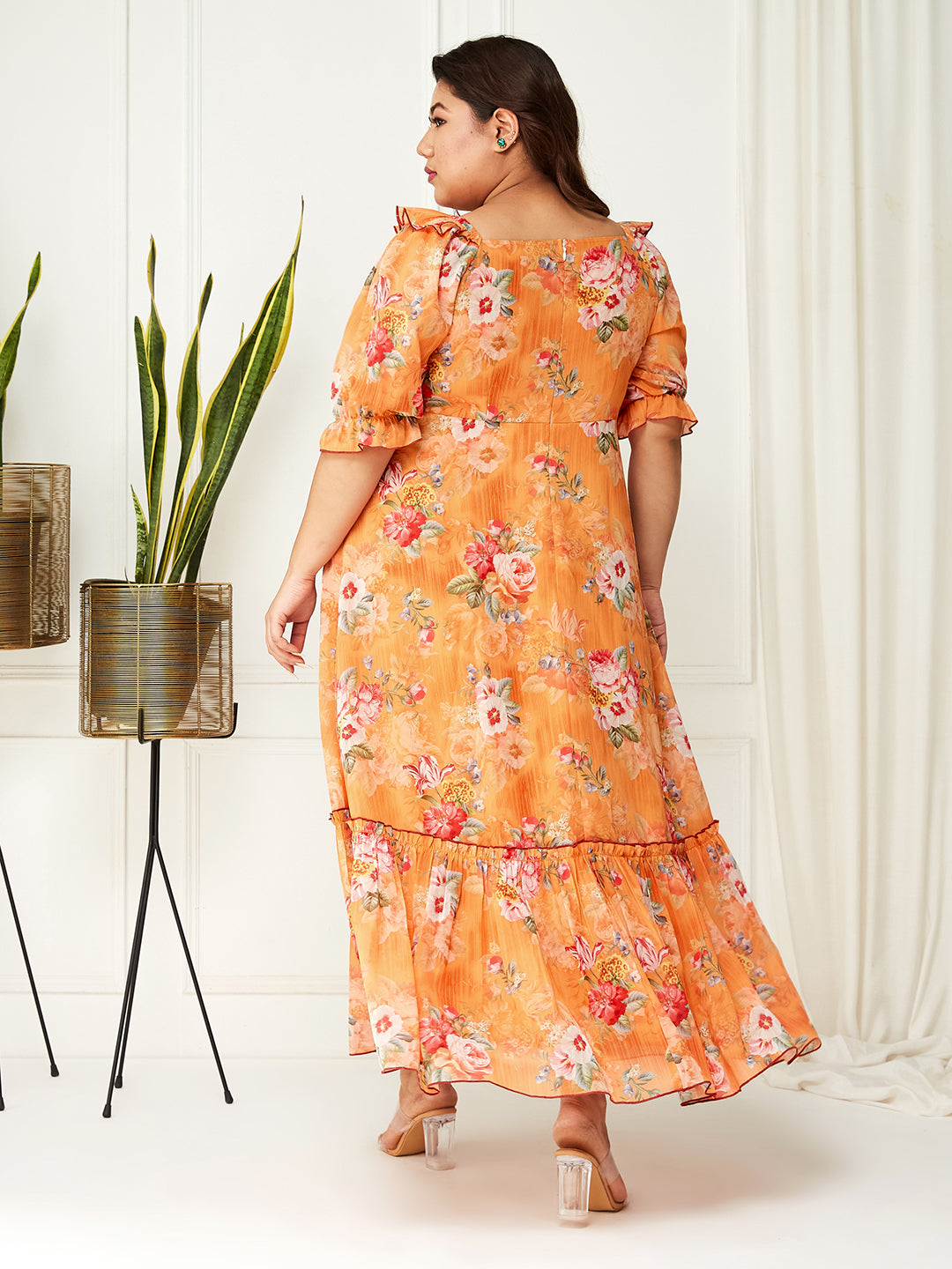 Women's Multicolored-Base-Orange V-Neck Puff Sleeve Floral Ruching Ankle-Length Dress