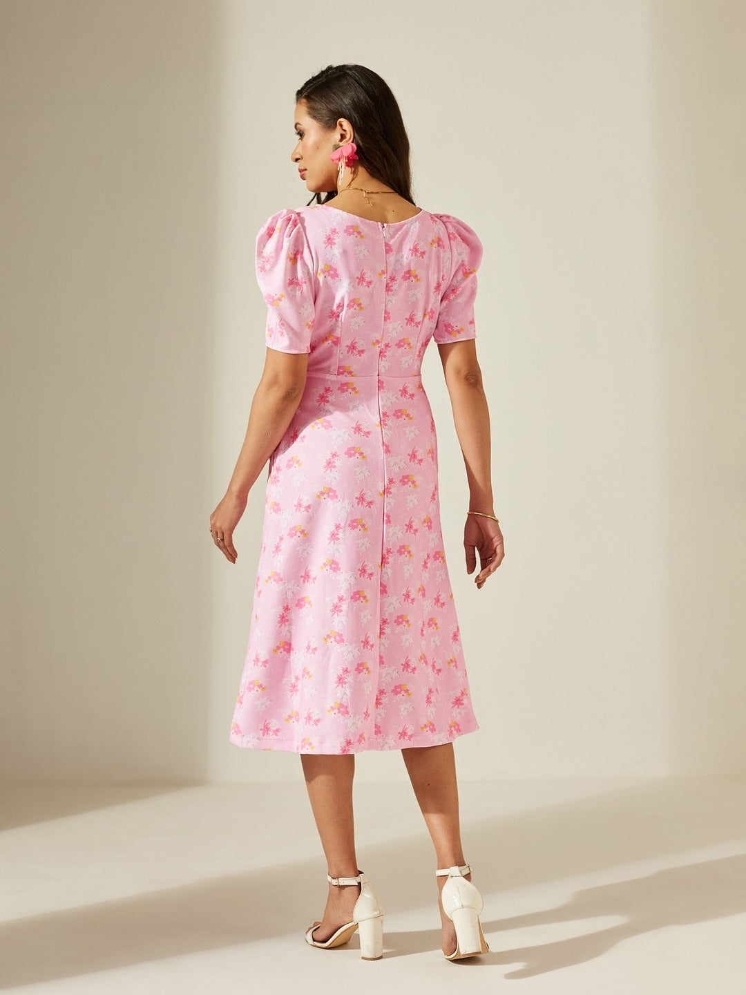 Pink V-neck Puff Sleeve Floral Wrap Midi Dress for Women