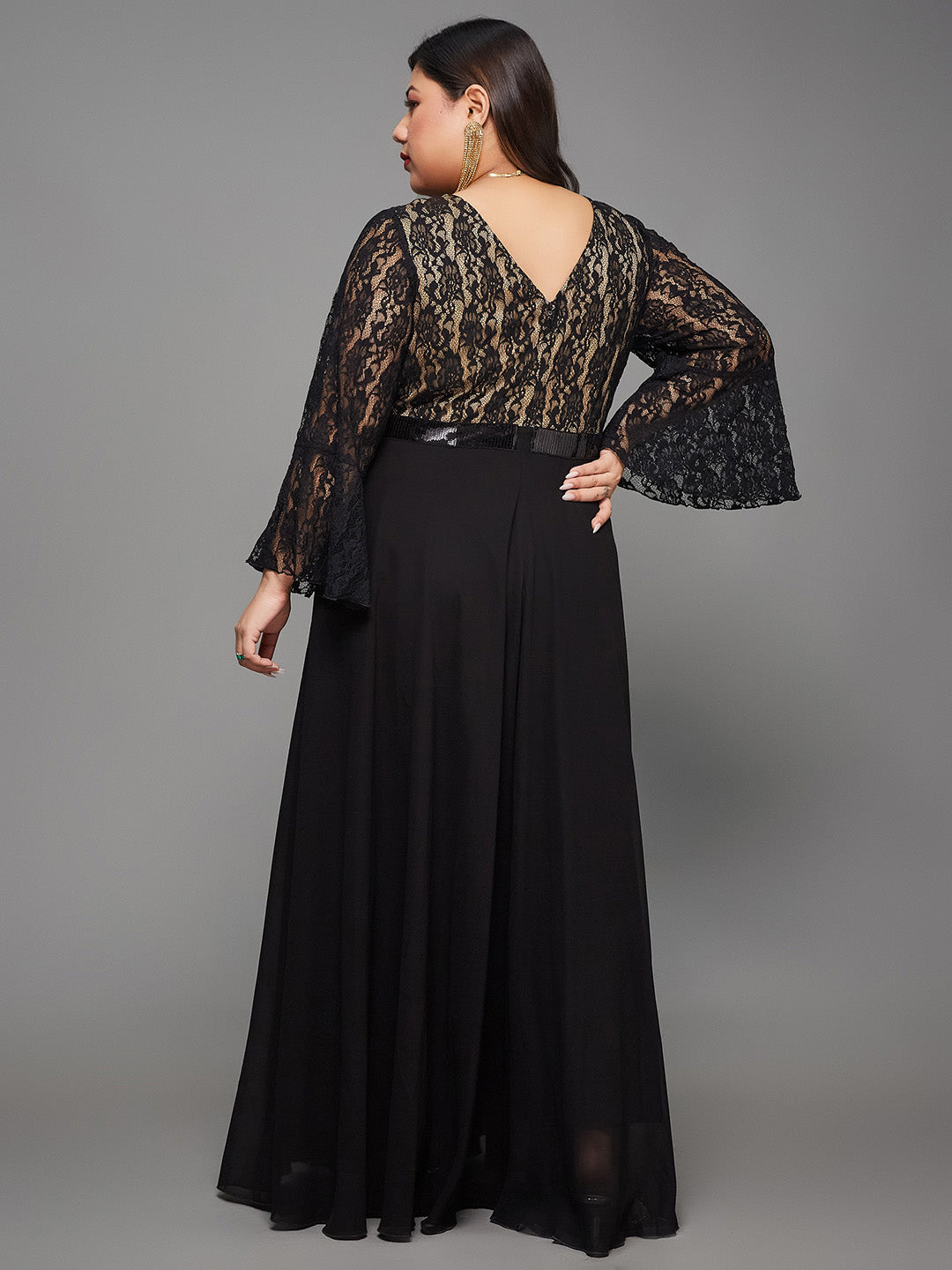 Women's Black Sweetheart-Neck Full Sleeve Floral Lace-Overlaid Georgette Maxi Dress