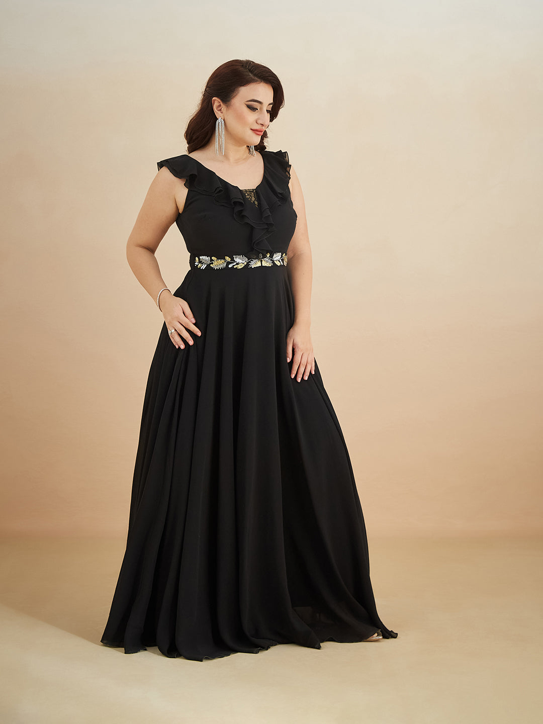 Black Sleeveless Embroidered Ruffled Georgette Maxi Dress for Women