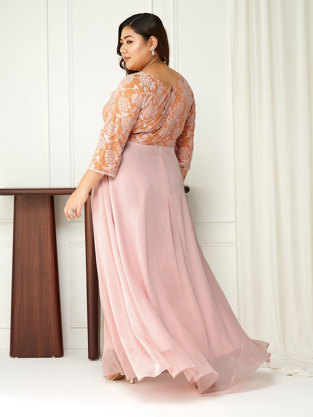 Women's Dusty Pink V-Neck Raglan-Sleeve Self-Designed Empire-Styled Georgette Maxi Dress