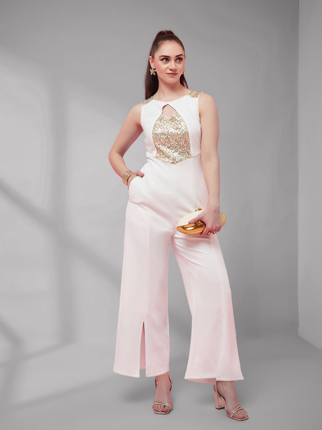 Off-White Solid Regular Length V - Neck Sleeveless Sequin Panel Wide Leg Embellished Jumpsuit for Women