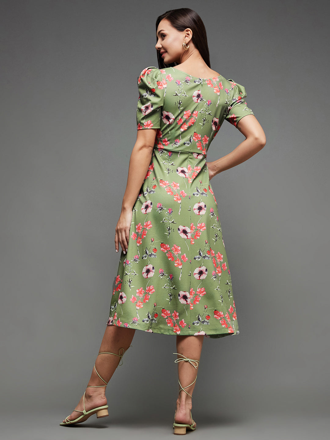 Crease Ease Women's Multicolored-Base-Green V-Neck Pleated Puff Sleeve Floral Patterned Wrap Midi Polyester Dress