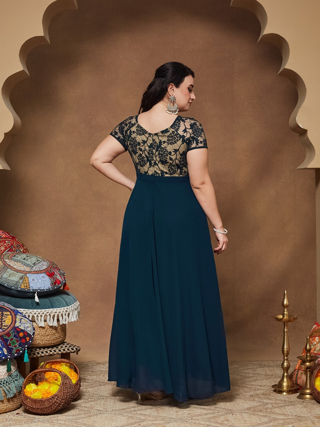 Teal Square Neck Raglan Short Sleeve Self Design Lace Overlaid Georgette Maxi Dress for Women — Miss Chase A+