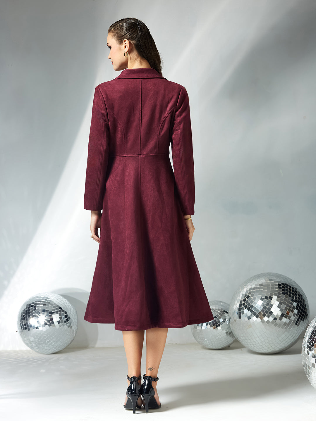 Women's Wine Solid V-Neck Full Sleeves Side Pocketed Polyester Double Breasted Longline Jacket