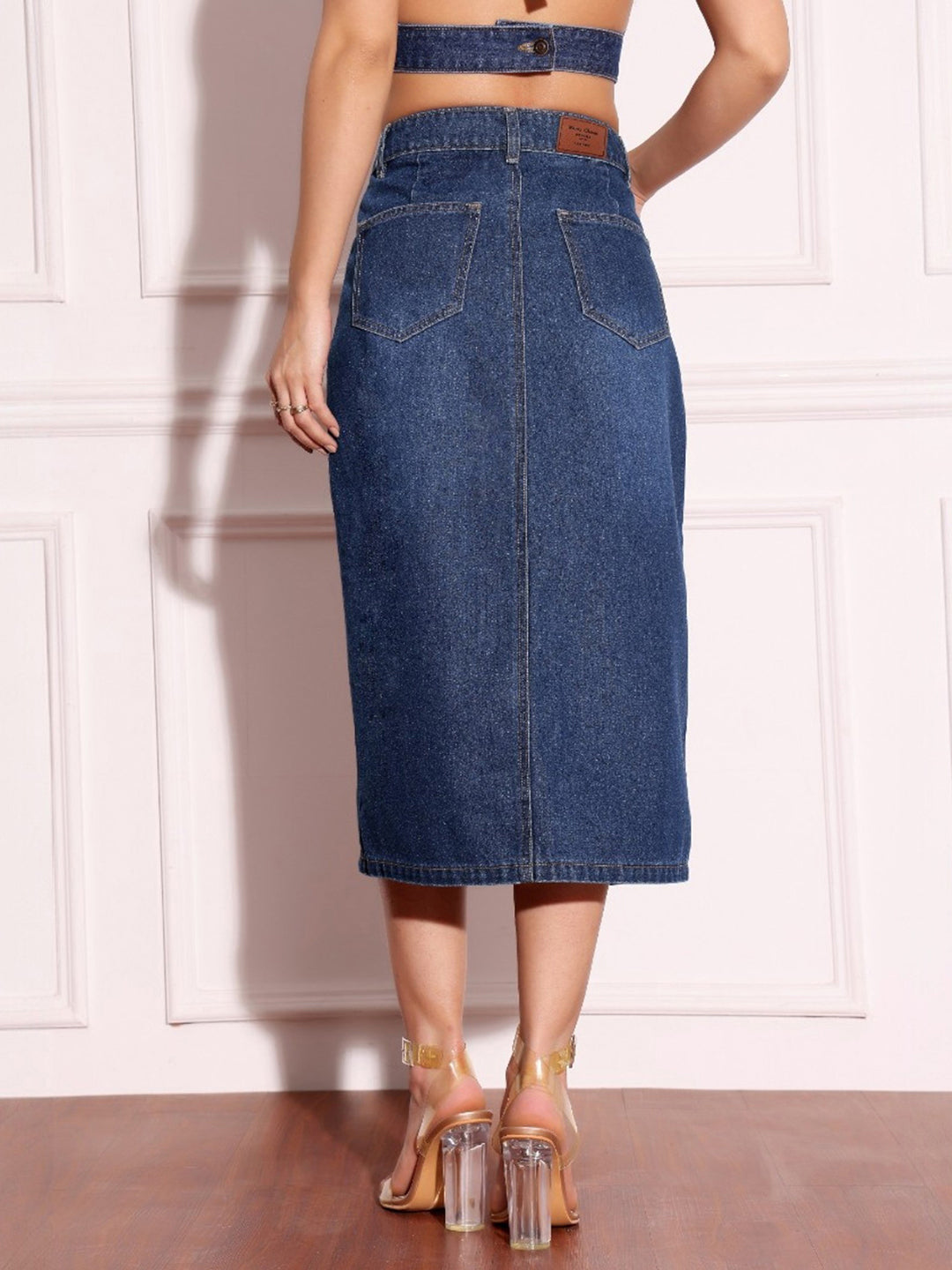 Women's Dark Blue A Line High Rise Non Stretchable Denim Midi Skirt