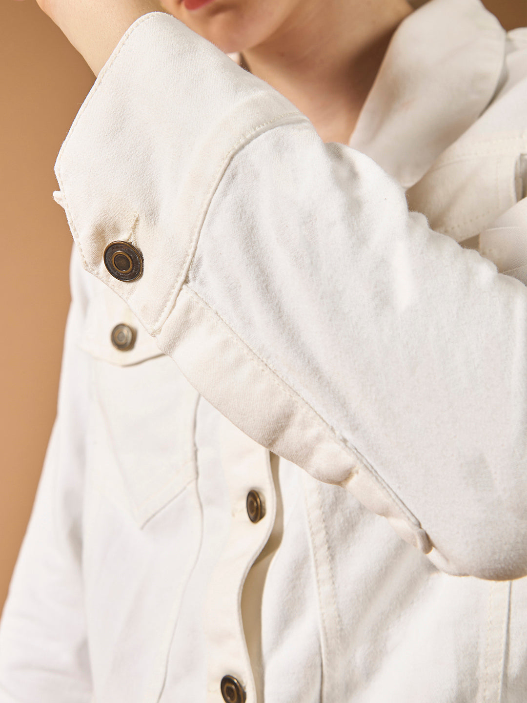 Women's White Polo Neck Full Sleeves Denim Solid Cropped Jacket