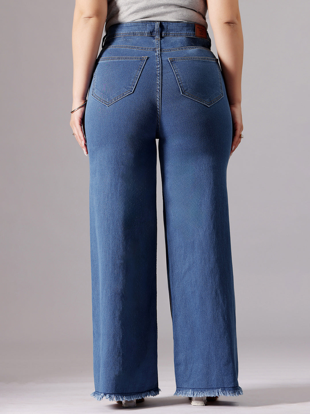 Mid-Blue Wide-Leg High-Rise Clean-Look Stretchable Denim Jeans for Women
