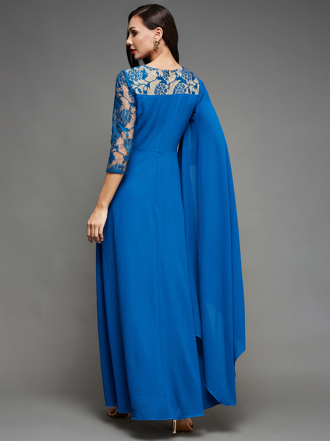 Women's Royal Blue V-Neck Asymmetric Embellished Maxi Georgette Dress