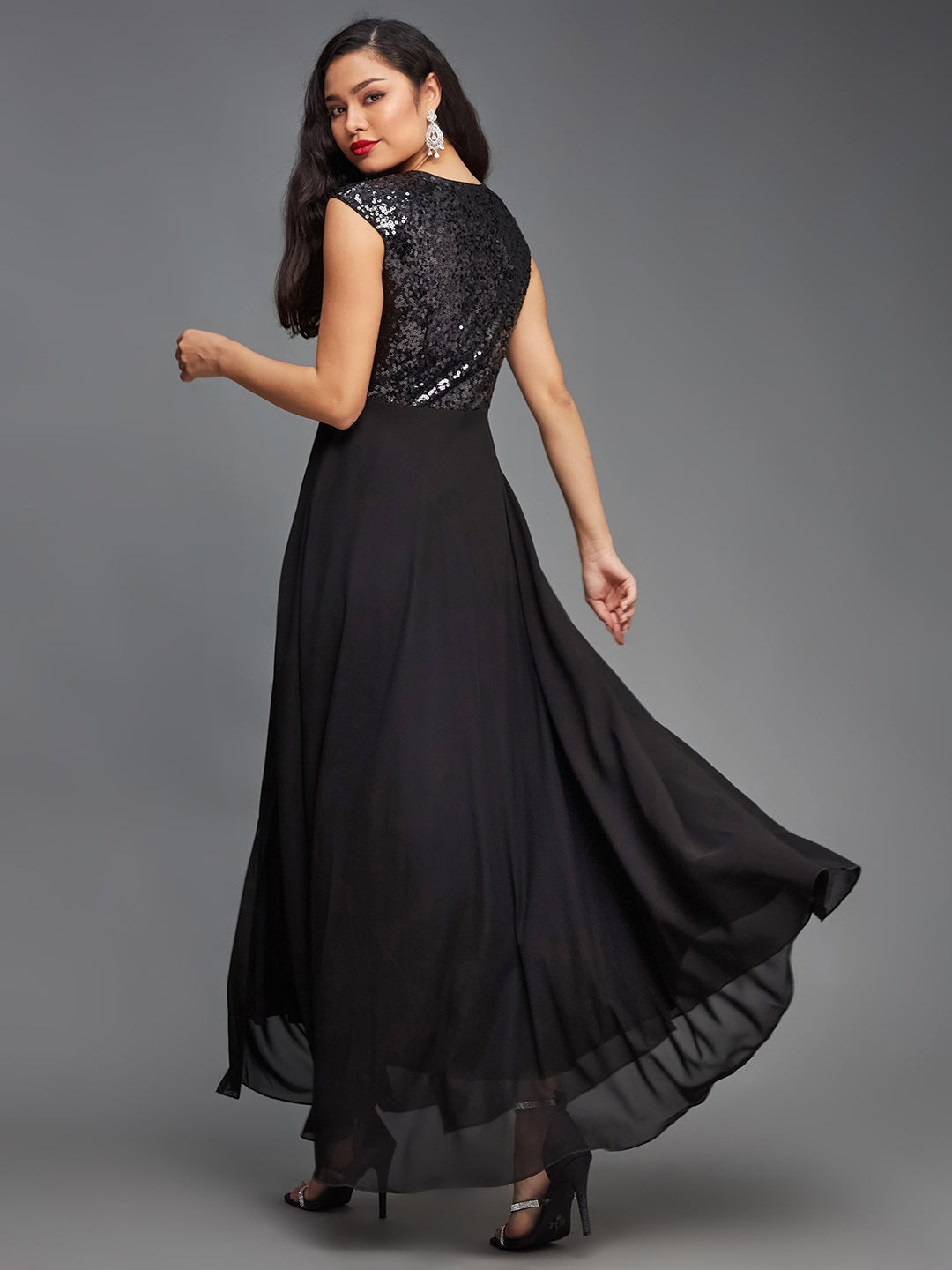 Women's Cocktail Black V-Neck Cap Sleeved Solid Wrap Maxi Dress