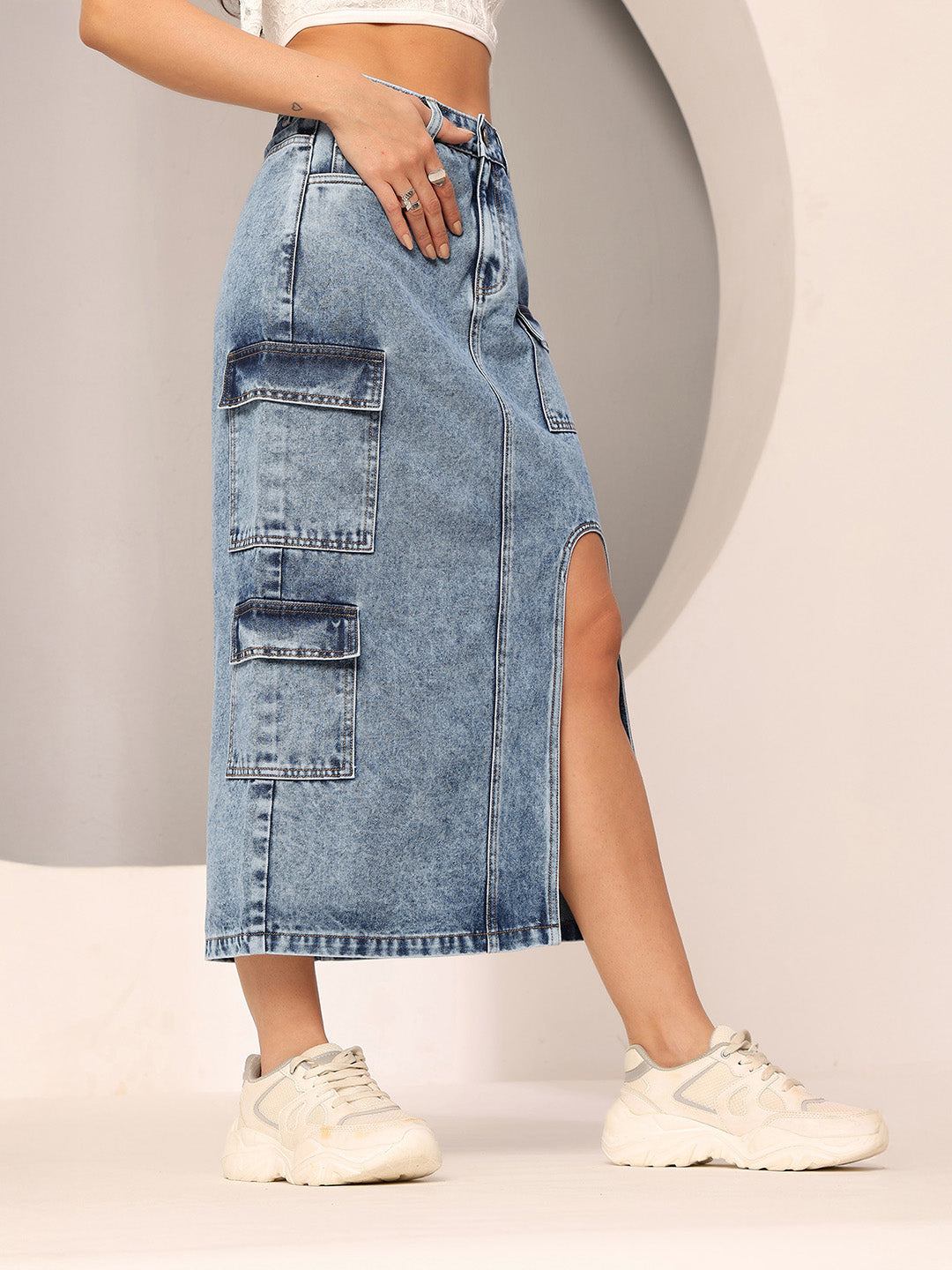 Blue Straight-Fit High-Rise Clean-Look Non-stretchable Denim Midi Skirt for Women