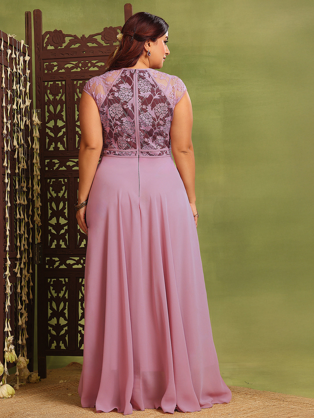 Women's Lavender & Wine V-Neck Cap-Sleeves Floral Lace Fit & Flare Maxi Dress