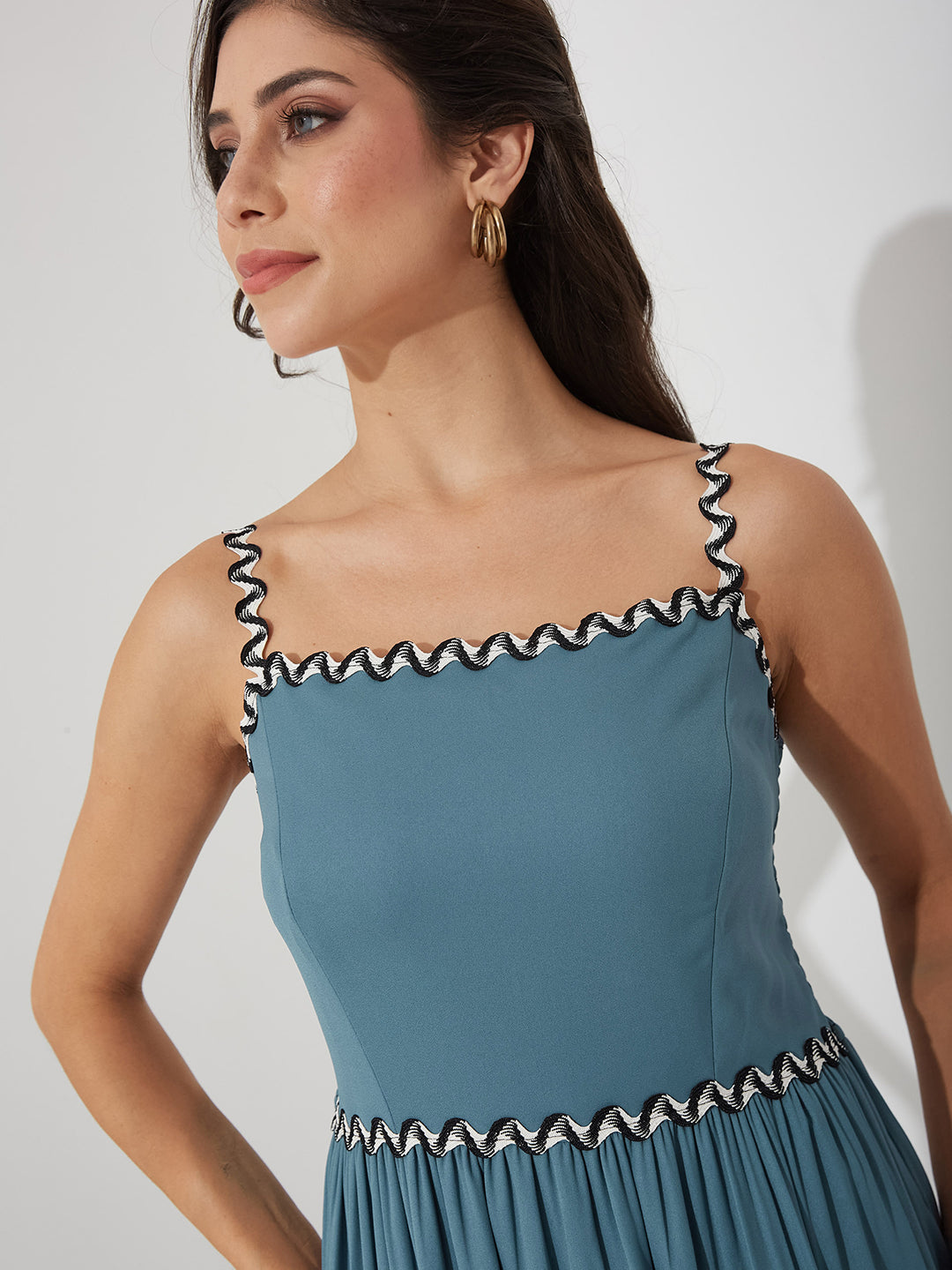 Blue Square Neck Sleeveless Solid Tiered Maxi Crepe Dress for Women — Miss Chase
