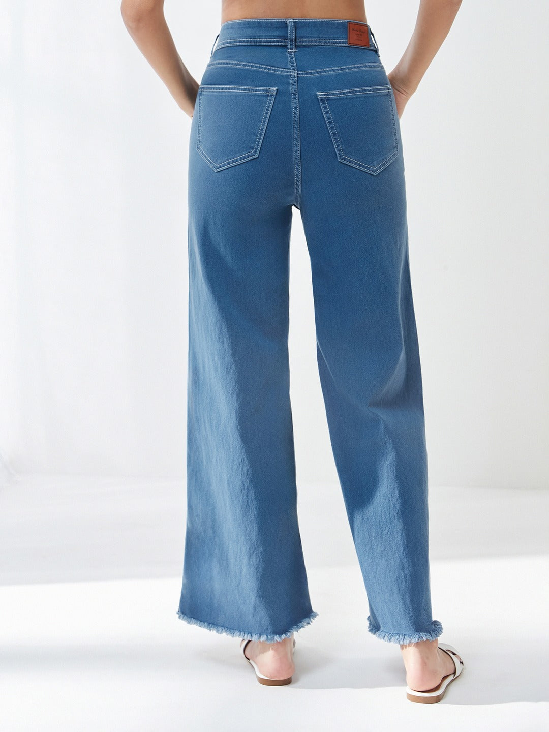 Blue Wide-Leg High-Rise Stretchable Denim Jeans for Women
