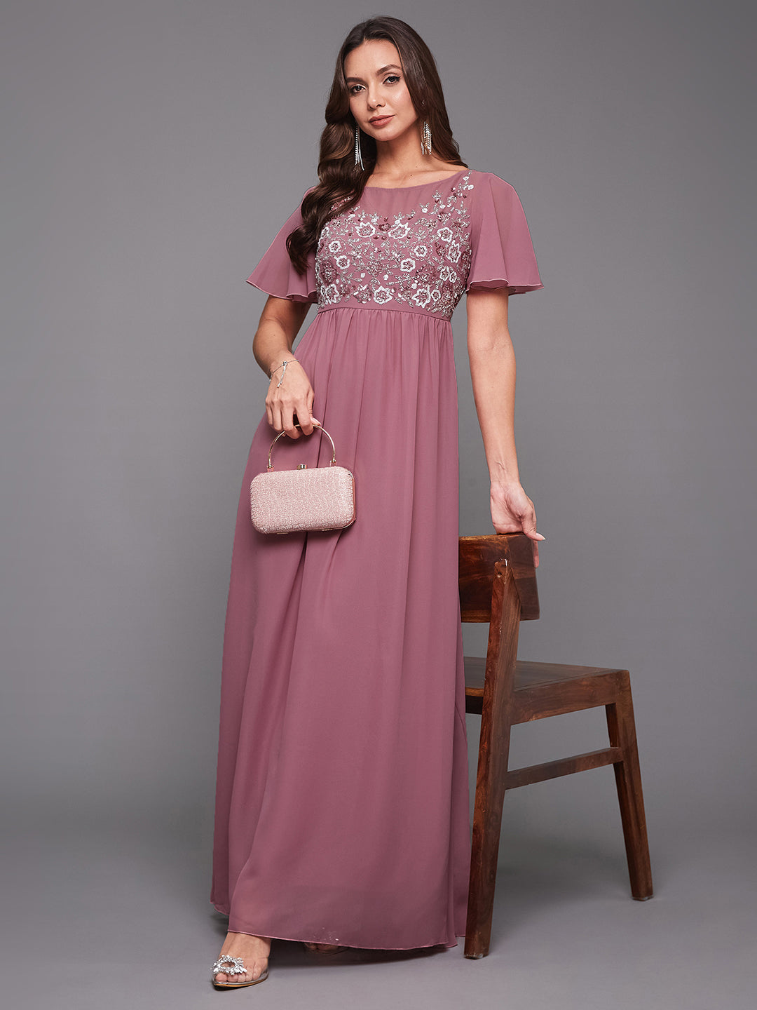 Women's Dusty Lavender Boat Neck Half Sleeve Solid Embellished Georgette Maxi Dress