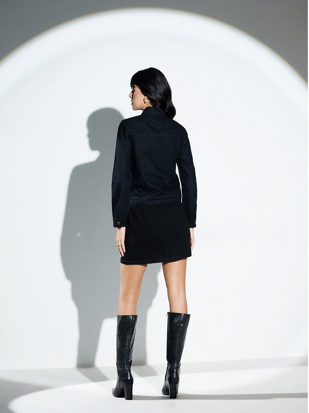 Black Flared High-Rise Mini Stretchable Denim Skirt for Women