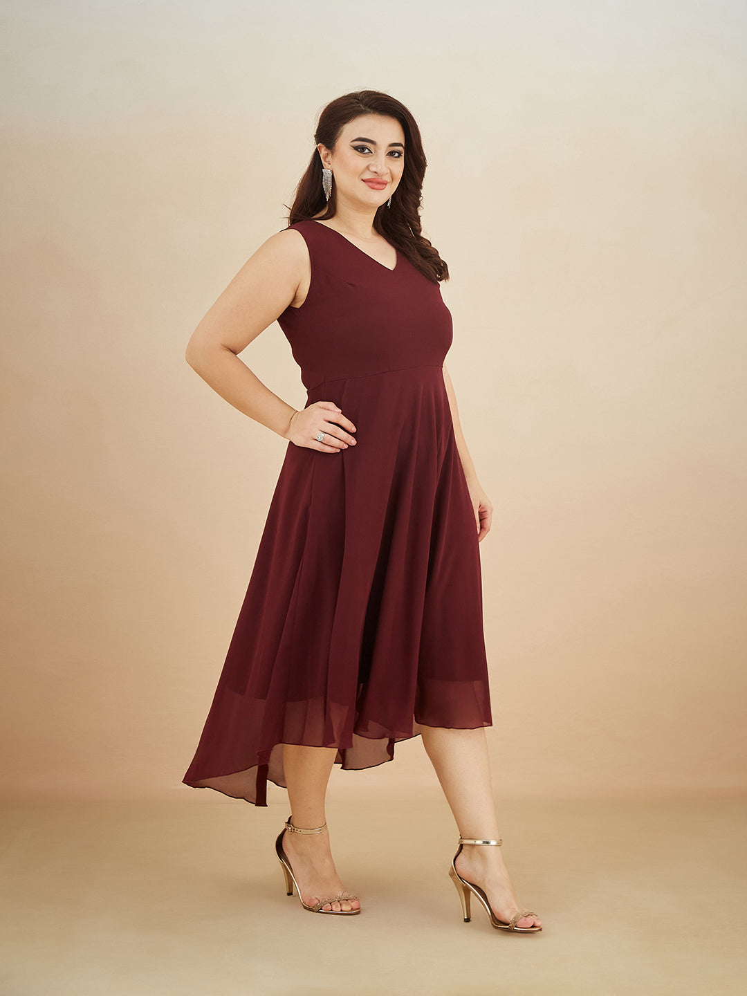 Wine Red V-Neck Sleeveless Solid High-Low Midi Skater Dress for Women — Miss Chase A+