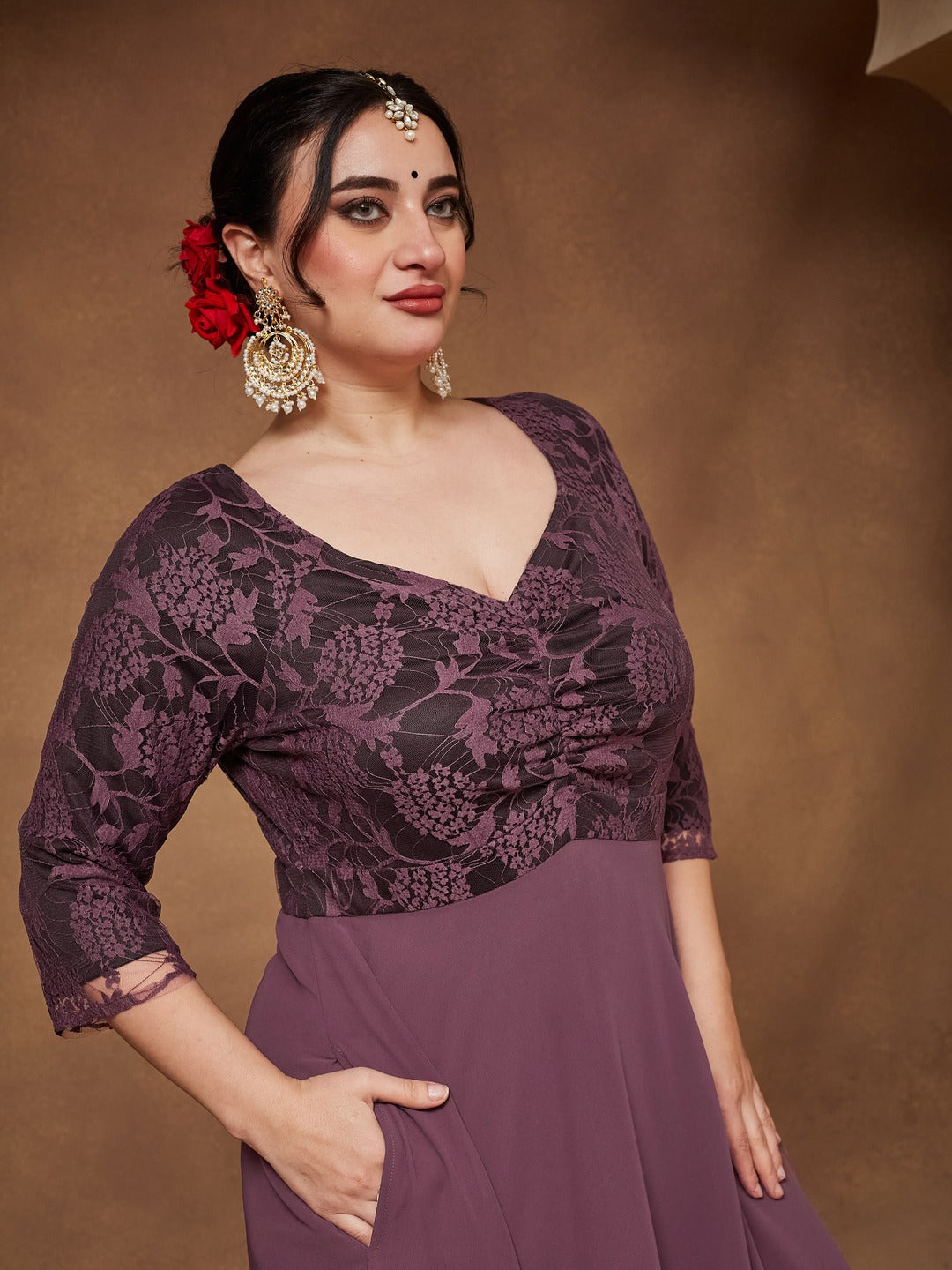 Mauve V-Neck Raglan-Sleeve Self-Designed Empire-Styled Georgette Maxi Dress for Women