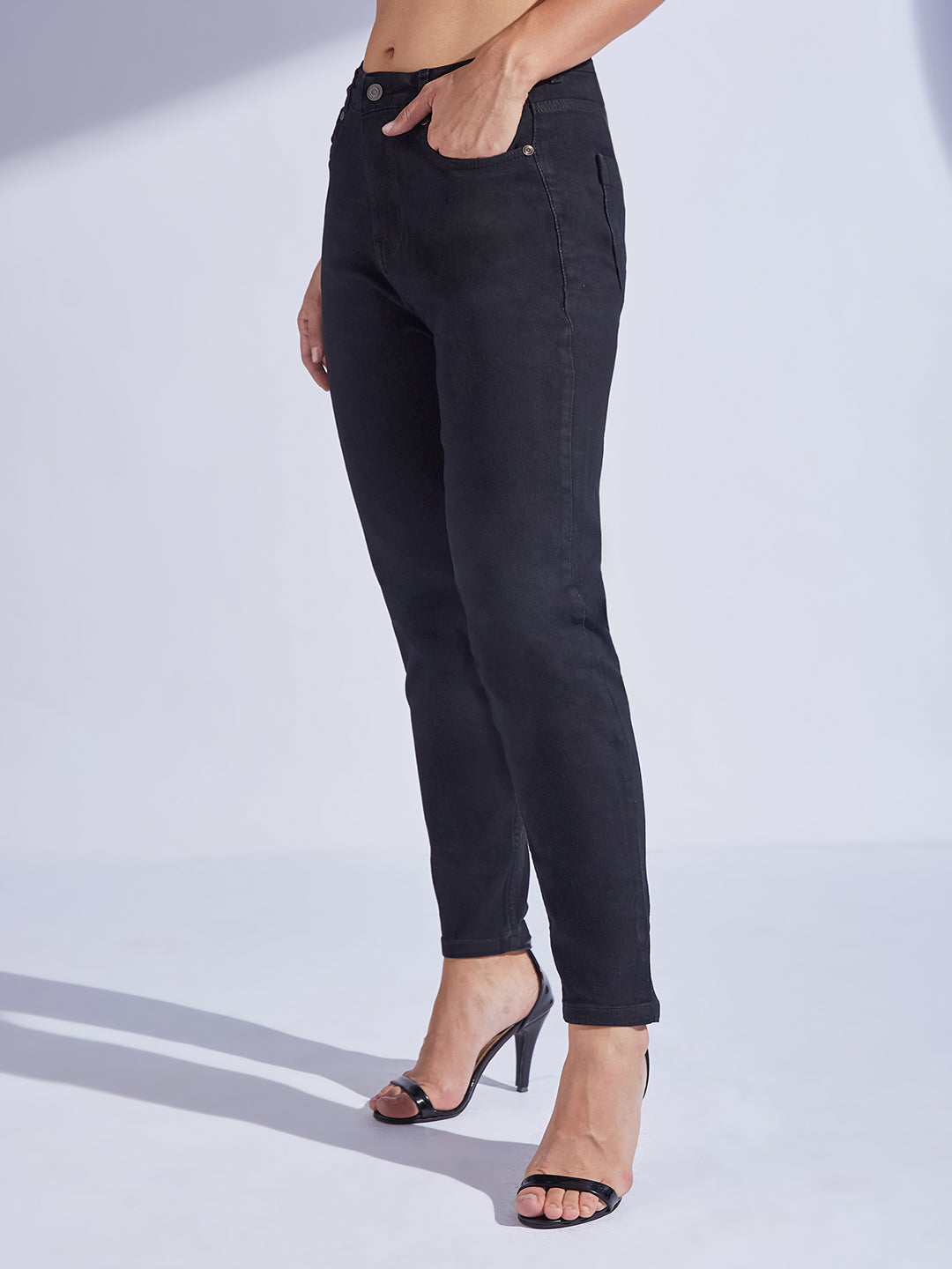 Women's Black High-Rise Regular-Length Stretchable Denim Mom's Jeans