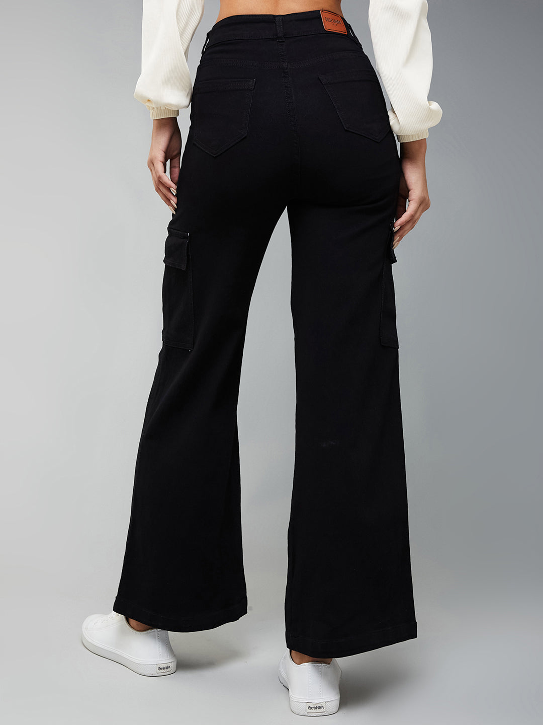 24/7 Comfort Women's Black Wide-Leg High-Rise Stretchable Denim Cargo Jeans