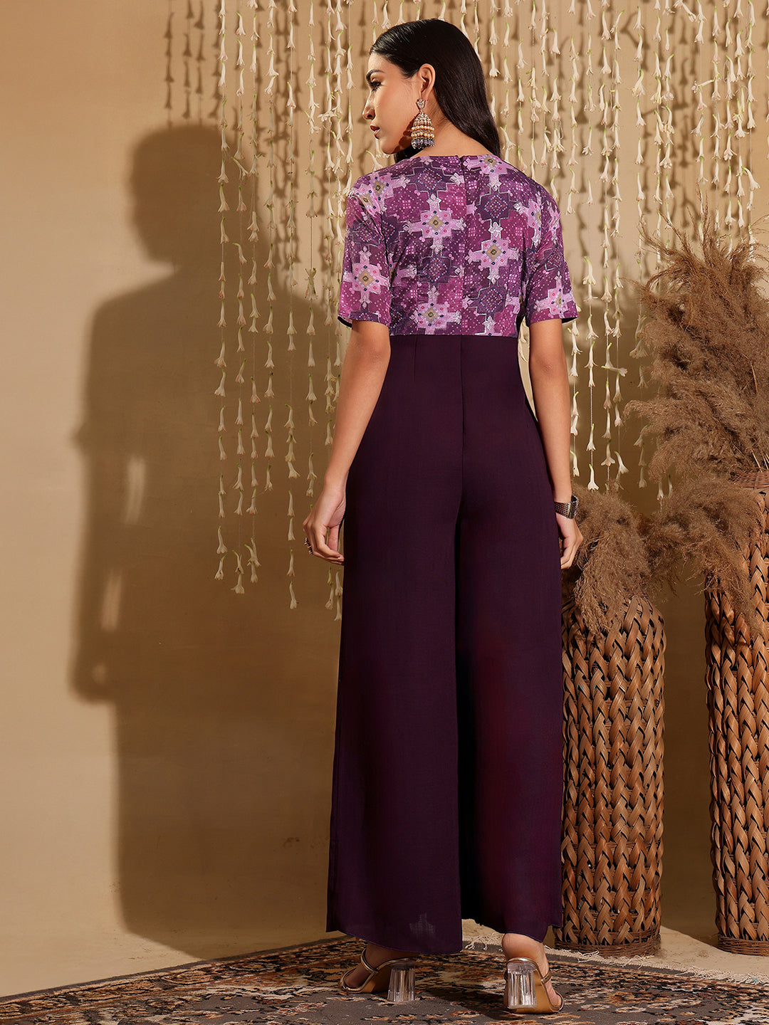 Women'S Dark Purple V Neck Half Sleeve Pleated Polyester Regular-Length Solid Jumpsuit
