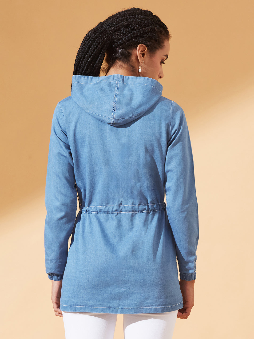Light-Blue Round Neck Full Sleeve Solid Long hoodie with tie-up Regular Jacket for Women